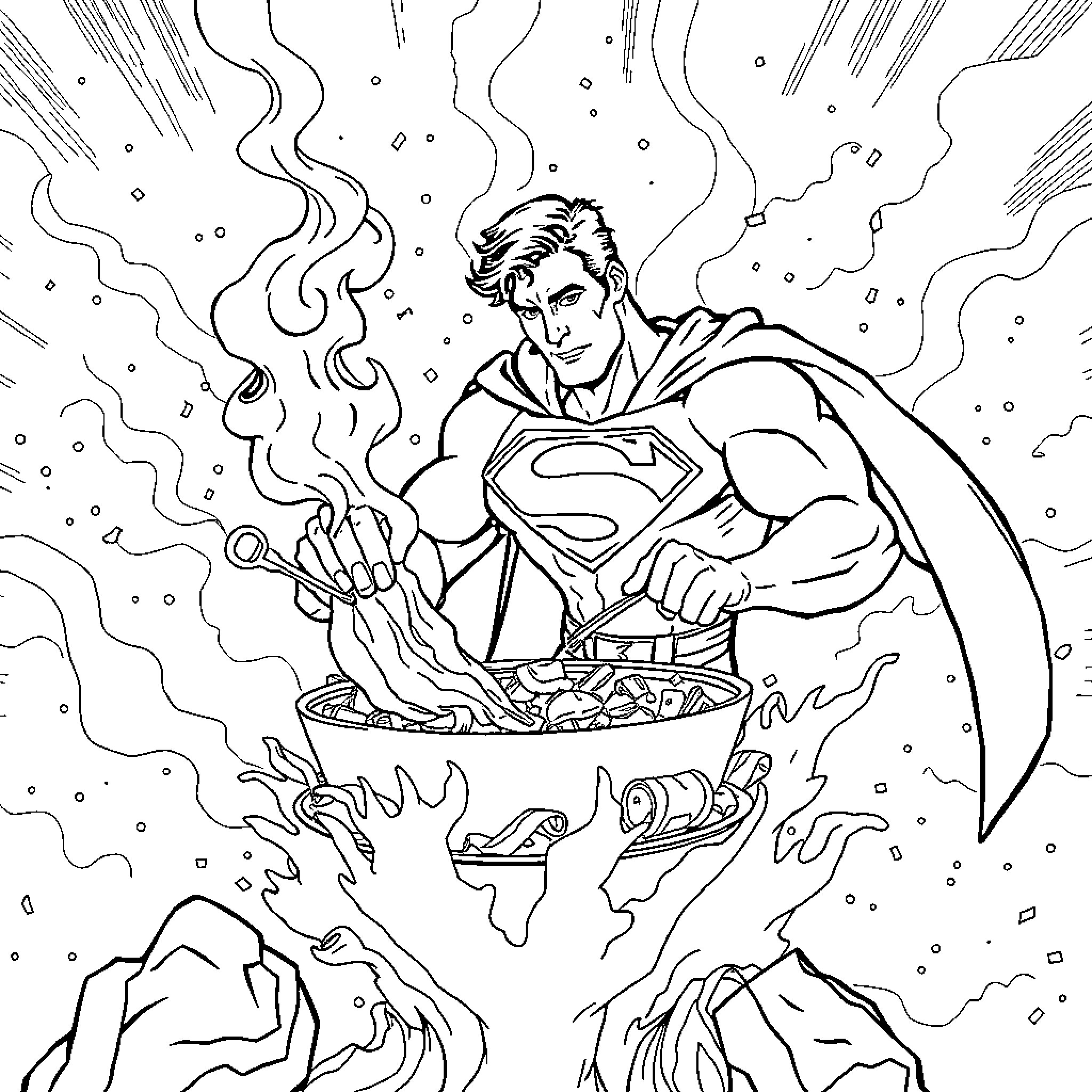 Superman Cooking Up Heroic Feats Coloring Page (free black-and-white line drawing printable PDF for all, from beginners to advanced learners, including children, teens, adults, and seniors)