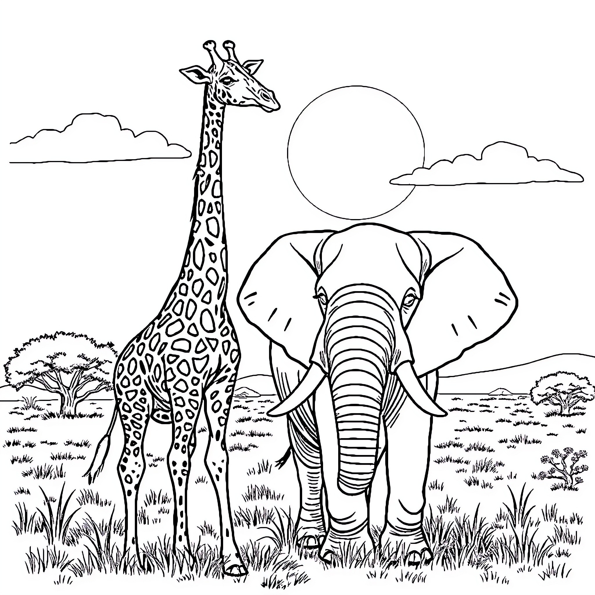 Giraffe and Elephant in African Savanna Coloring Page (free black-and-white line drawing printable PDF for all, from beginners to advanced learners, including children, teens, adults, and seniors)