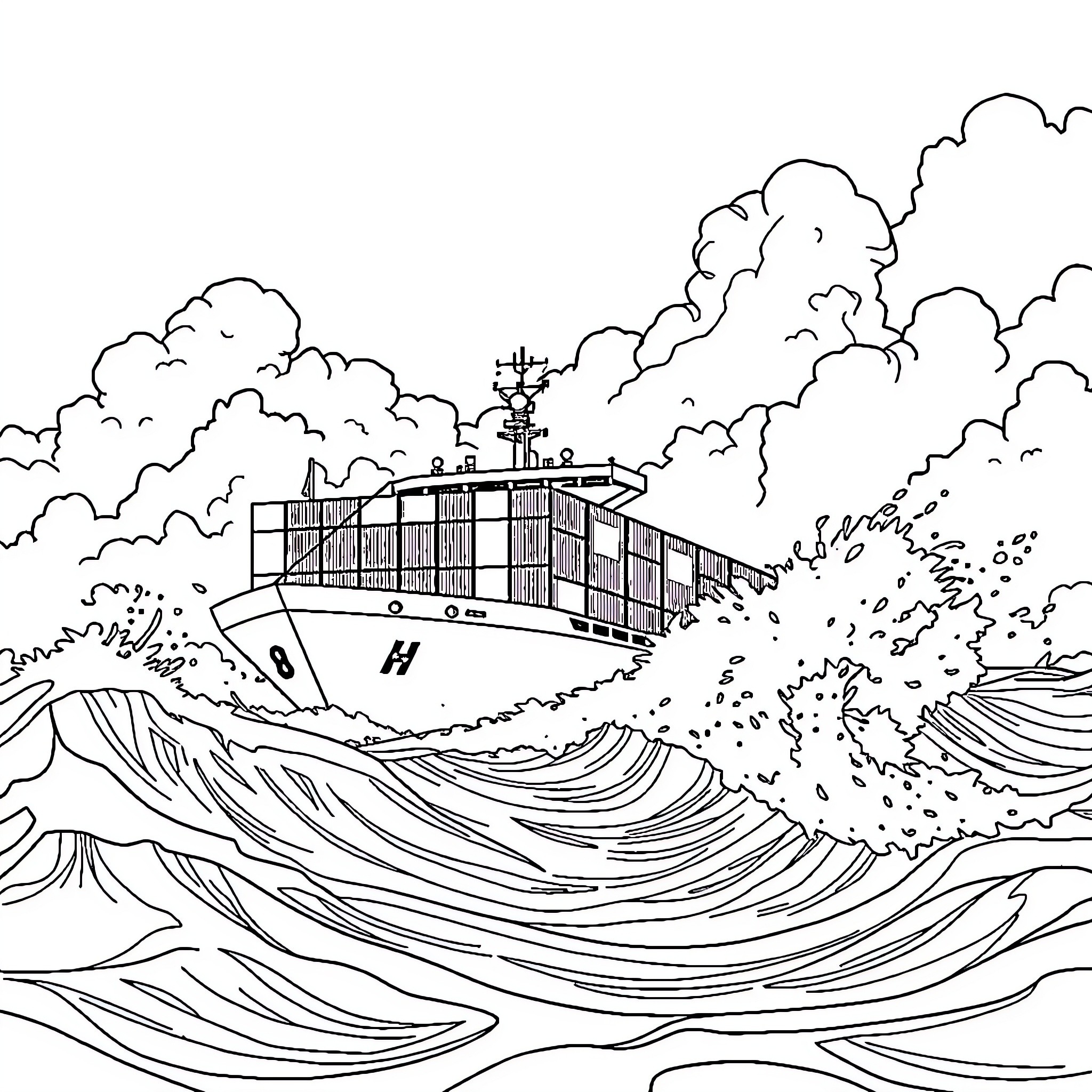 Container Ship Sailing Through Stormy Seas Coloring Page (free black-and-white line drawing printable PDF for all, from beginners to advanced learners, including children, teens, adults, and seniors)