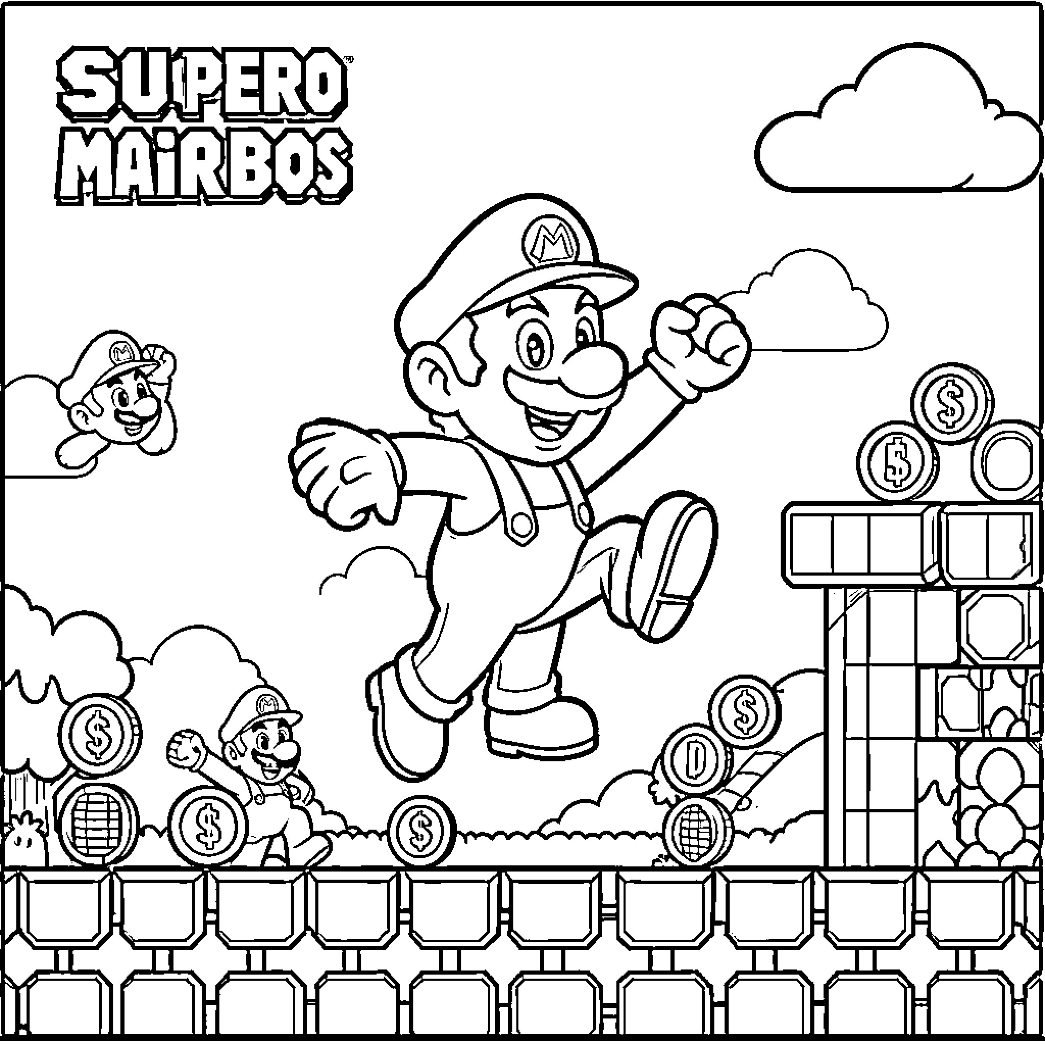 Super Mario jumping and collecting coins Coloring Page (free black-and-white line drawing printable PDF for all, from beginners to advanced learners, including children, teens, adults, and seniors)