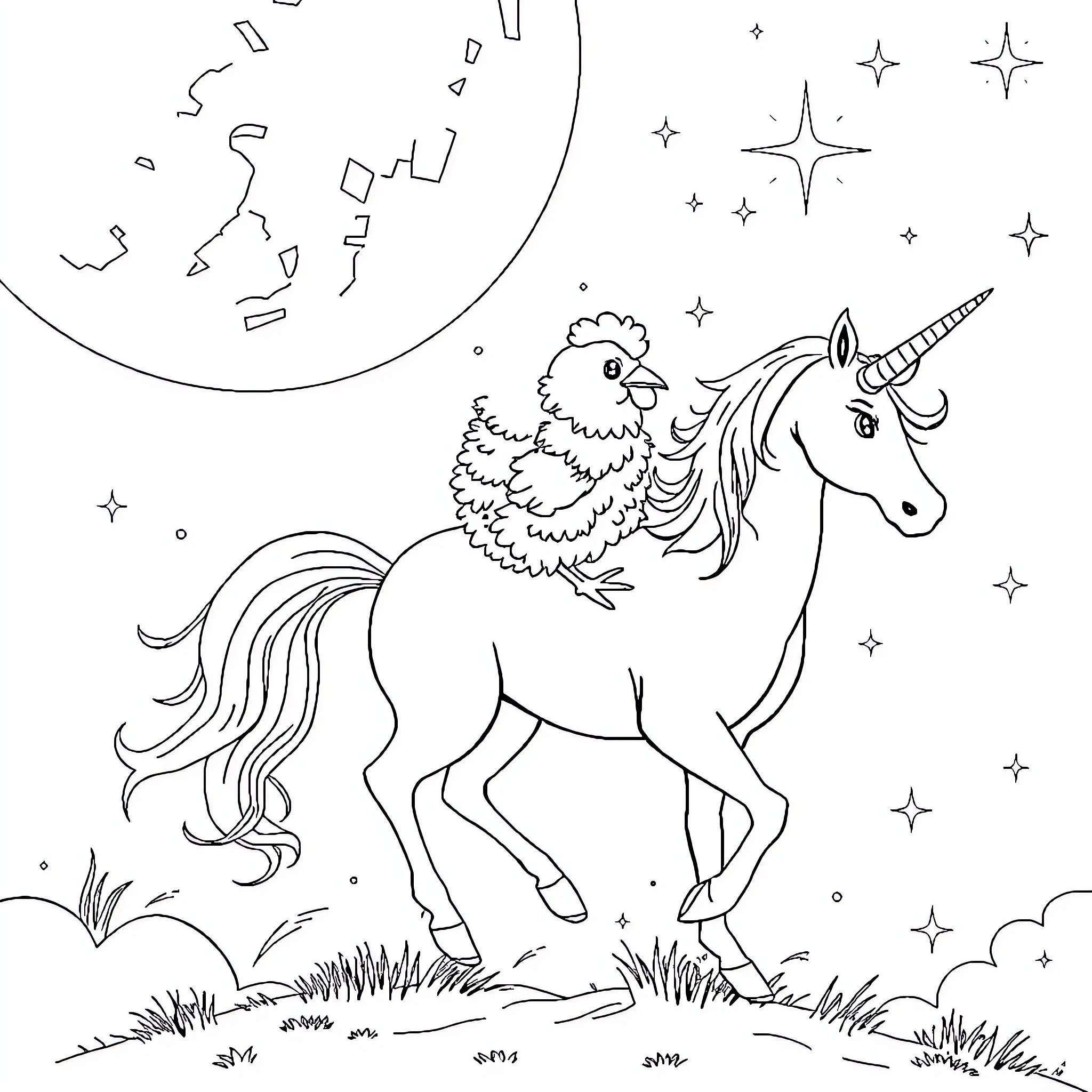 Chicken Riding Unicorn Under Starry Night Sky Coloring Page (free black-and-white line drawing printable PDF for all, from beginners to advanced learners, including children, teens, adults, and seniors)