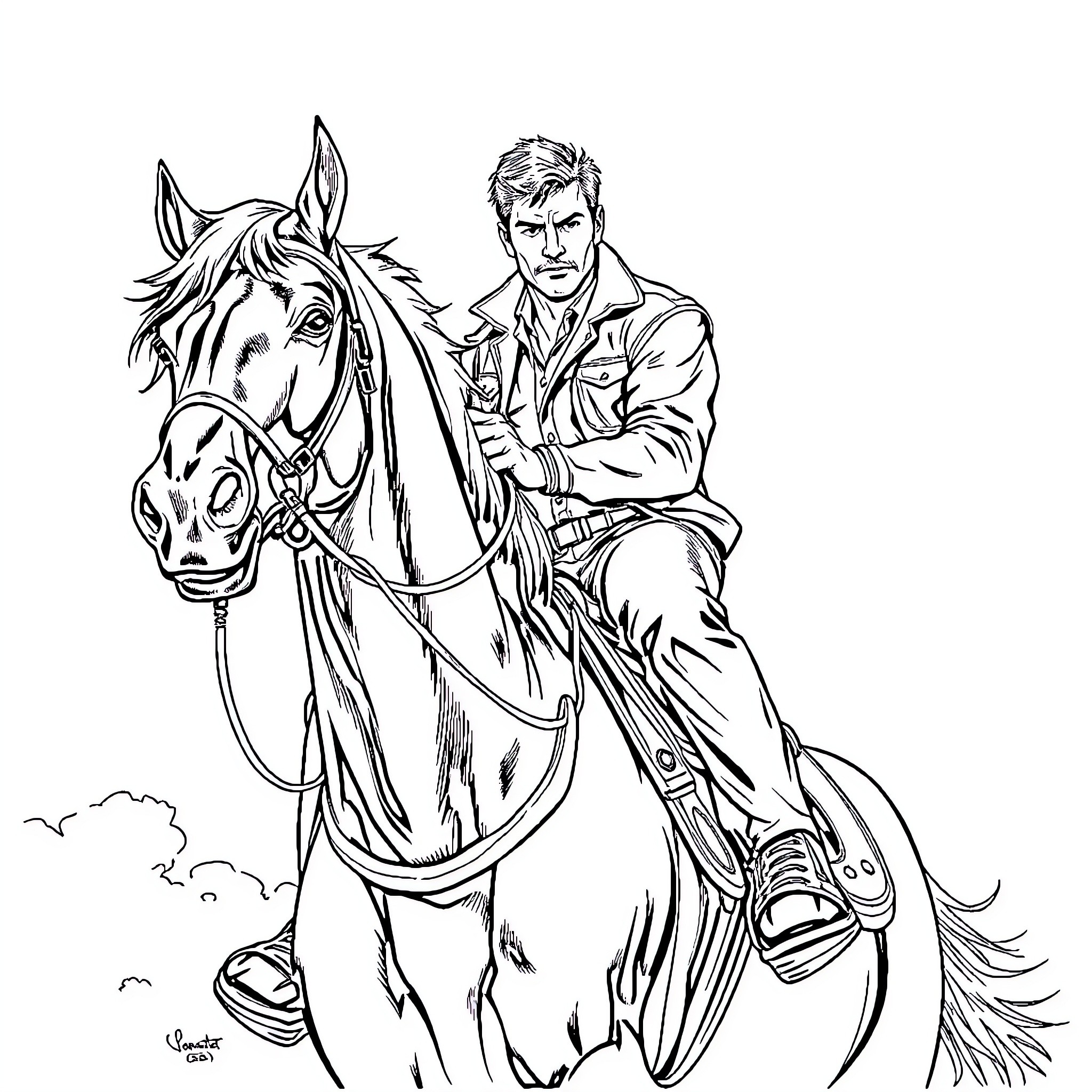 Dean Winchester riding a determined horse in the countryside Coloring Page (free black-and-white line drawing printable PDF for all, from beginners to advanced learners, including children, teens, adults, and seniors)