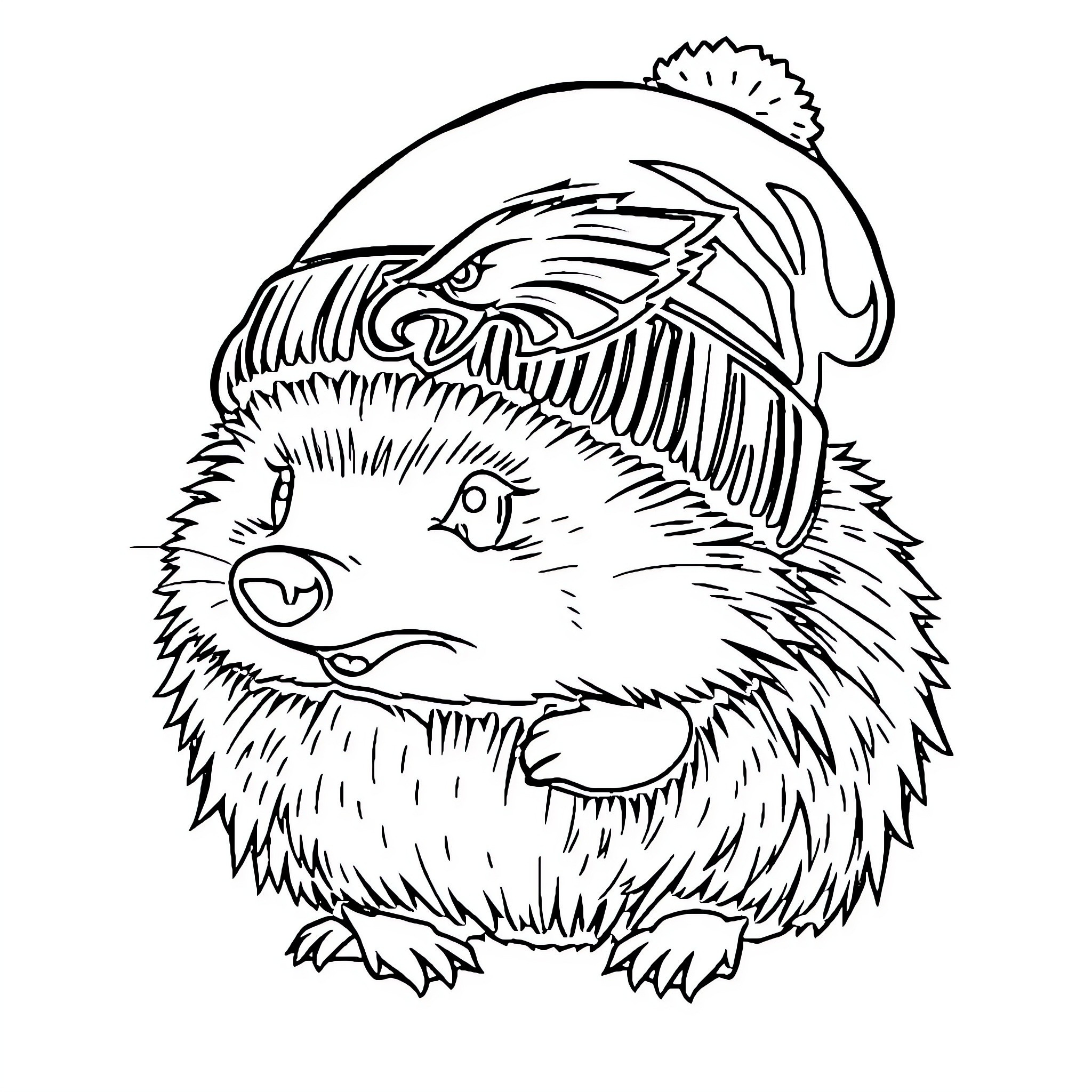 Hedgehog wearing a cozy winter hat Coloring Page (free black-and-white line drawing printable PDF for all, from beginners to advanced learners, including children, teens, adults, and seniors)