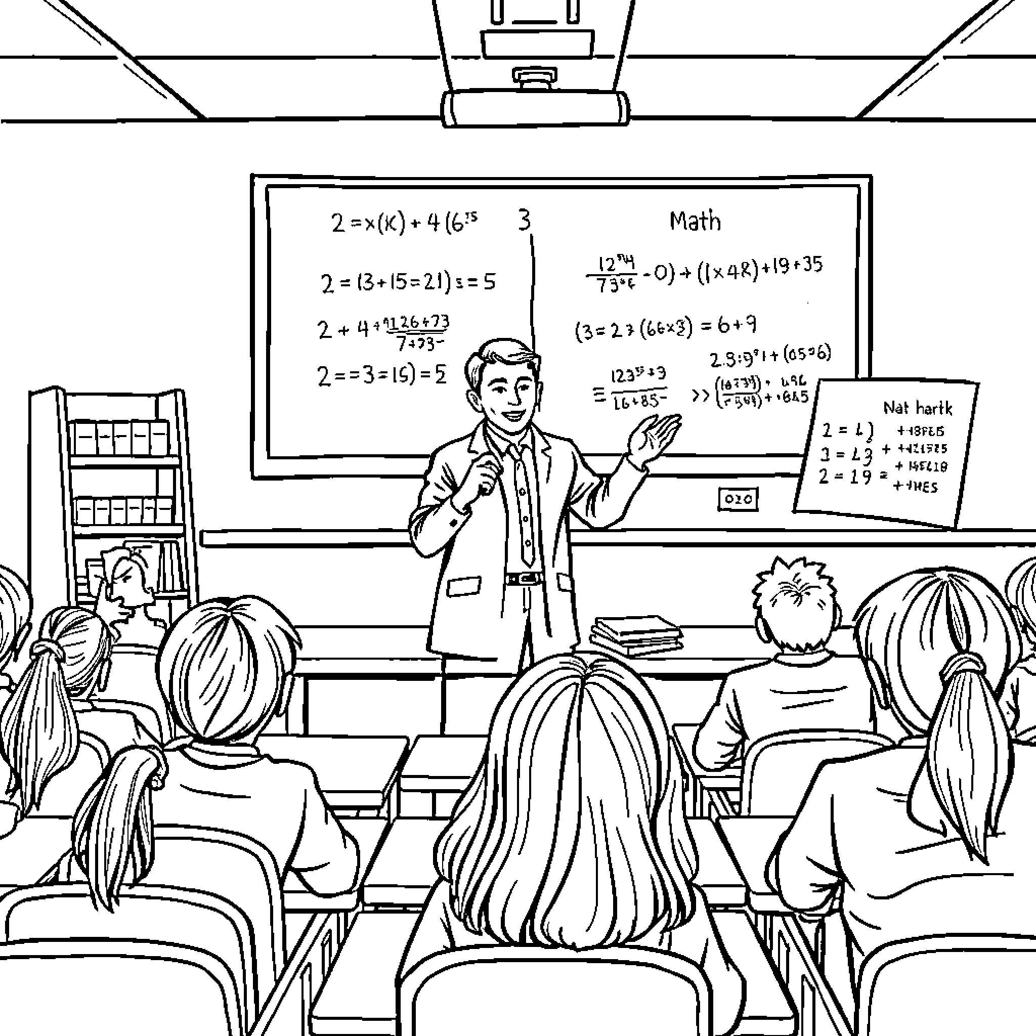Math Teacher Explaining Equations to Students in Classroom Coloring Page (free black-and-white line drawing printable PDF for all, from beginners to advanced learners, including children, teens, adults, and seniors)