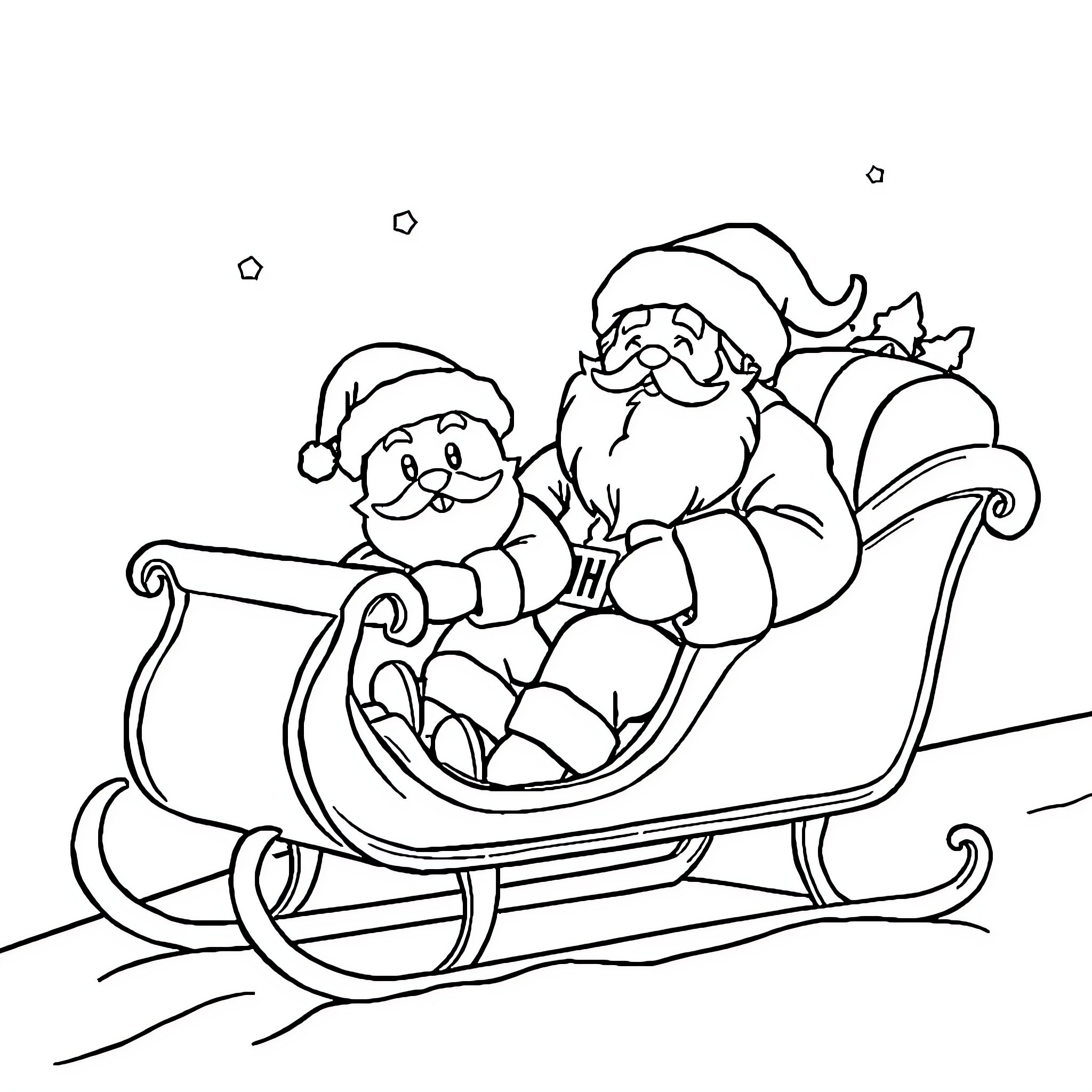Santa Claus and helper riding in a sleigh Coloring Page (free black-and-white line drawing printable PDF for all, from beginners to advanced learners, including children, teens, adults, and seniors)