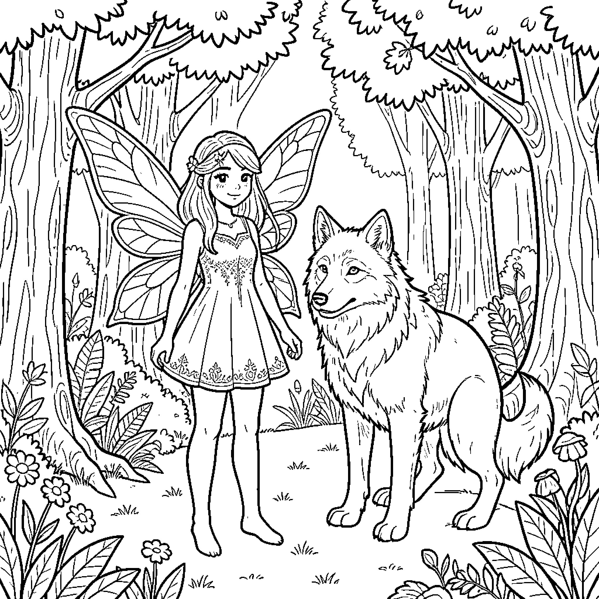 Fairy standing peacefully beside a large wolf in the forest Coloring Page (free black-and-white line drawing printable PDF for all, from beginners to advanced learners, including children, teens, adults, and seniors)