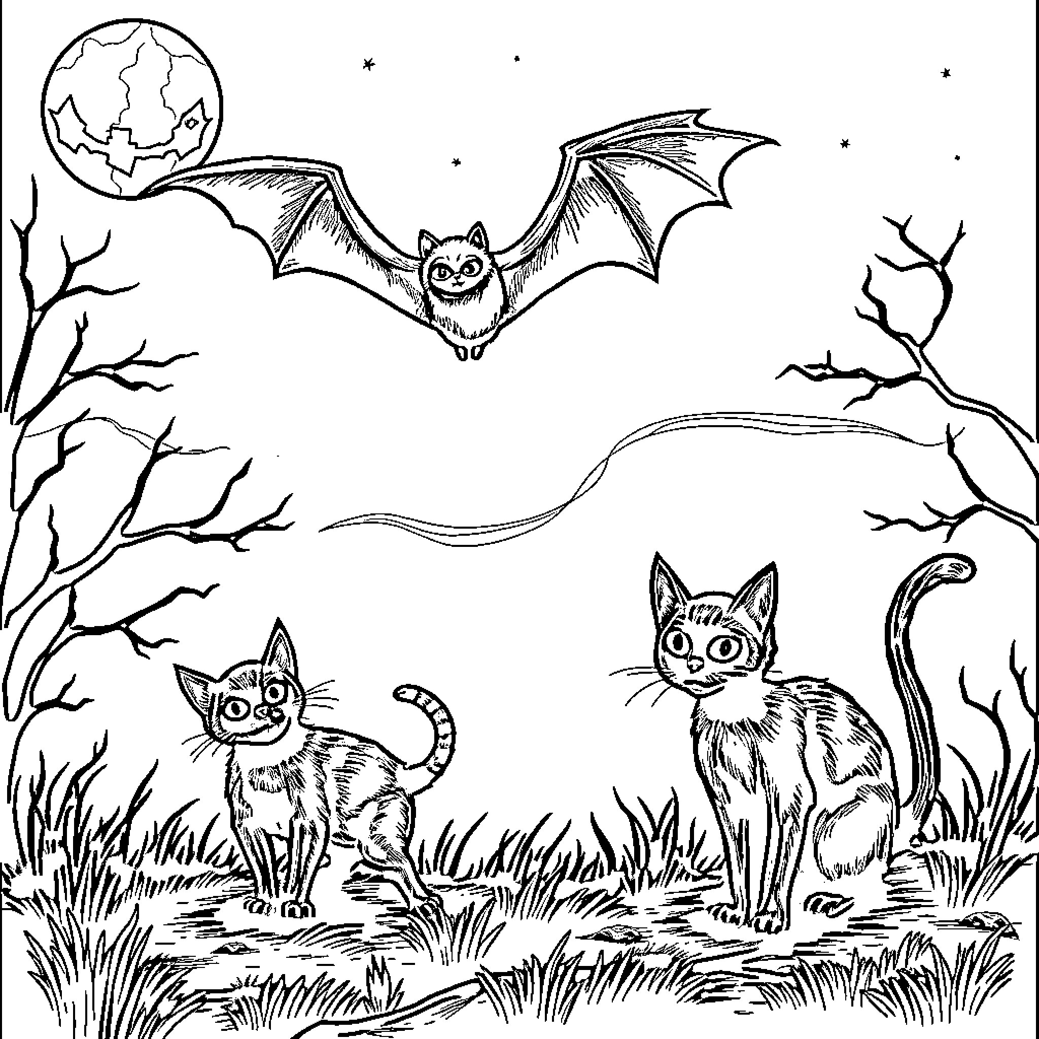 Bat flying in the dark night with cats Coloring Page (free black-and-white line drawing printable PDF for all, from beginners to advanced learners, including children, teens, adults, and seniors)
