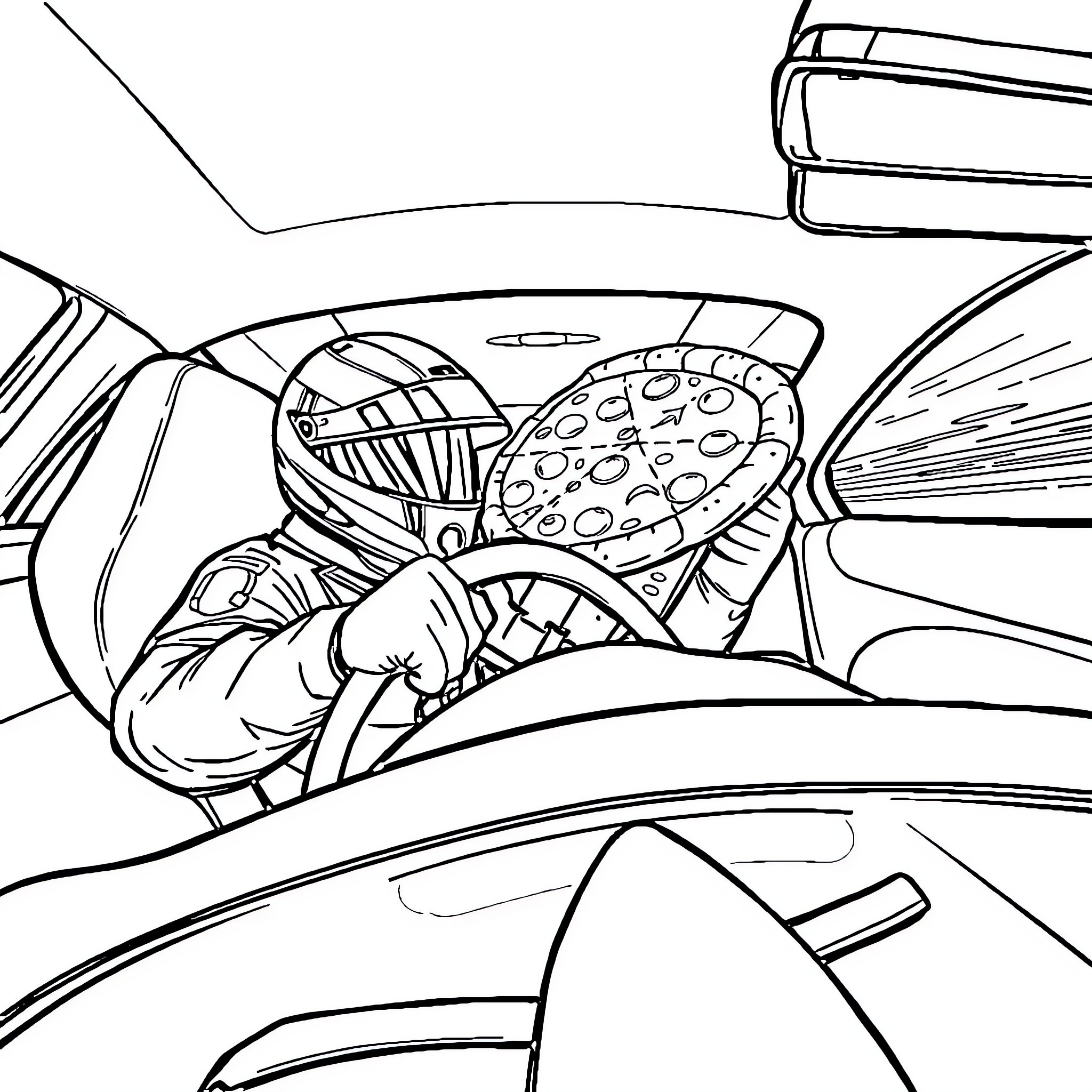 F1 Driver Gearing Up for the Race Coloring Page (free black-and-white line drawing printable PDF for all, from beginners to advanced learners, including children, teens, adults, and seniors)