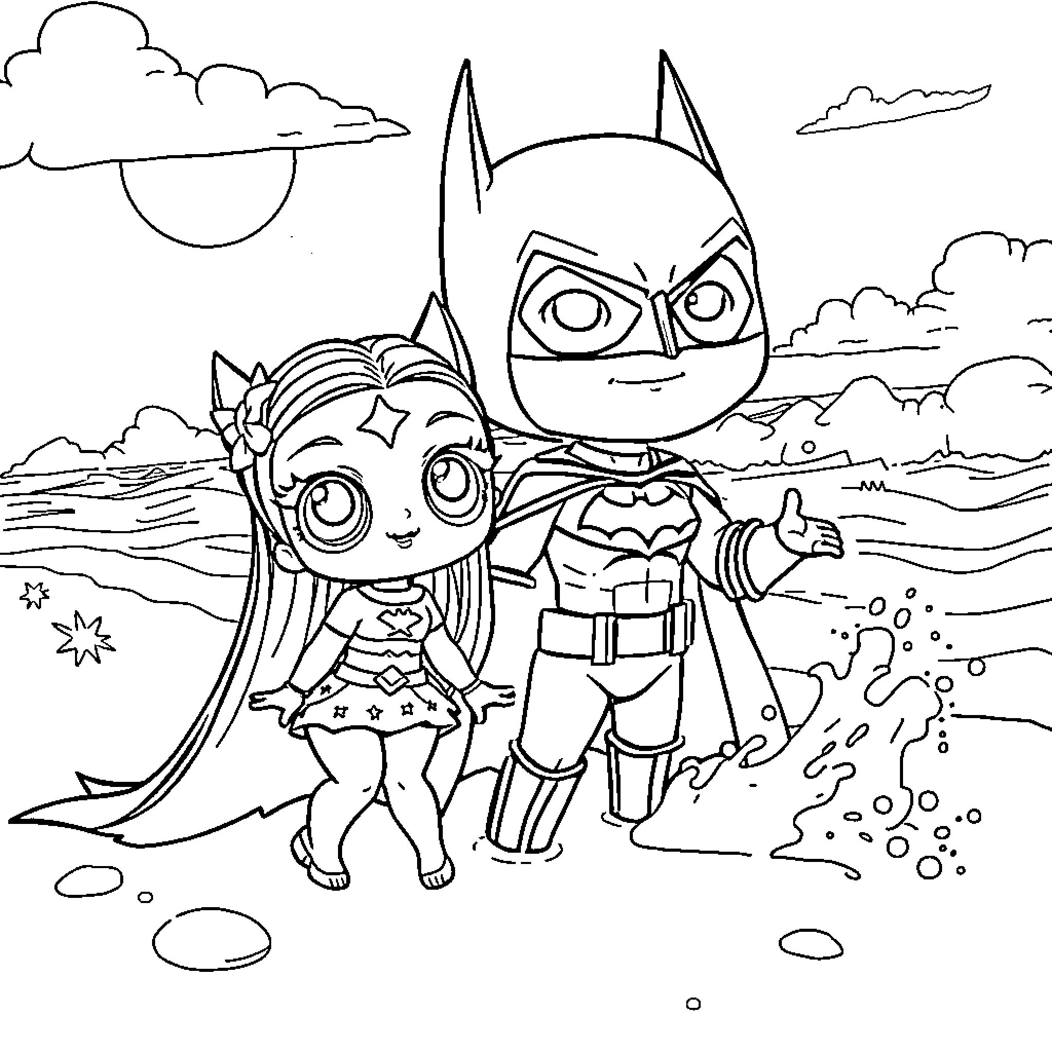 Lolirock characters standing together on a beach Coloring Page (free black-and-white line drawing printable PDF for all, from beginners to advanced learners, including children, teens, adults, and seniors)