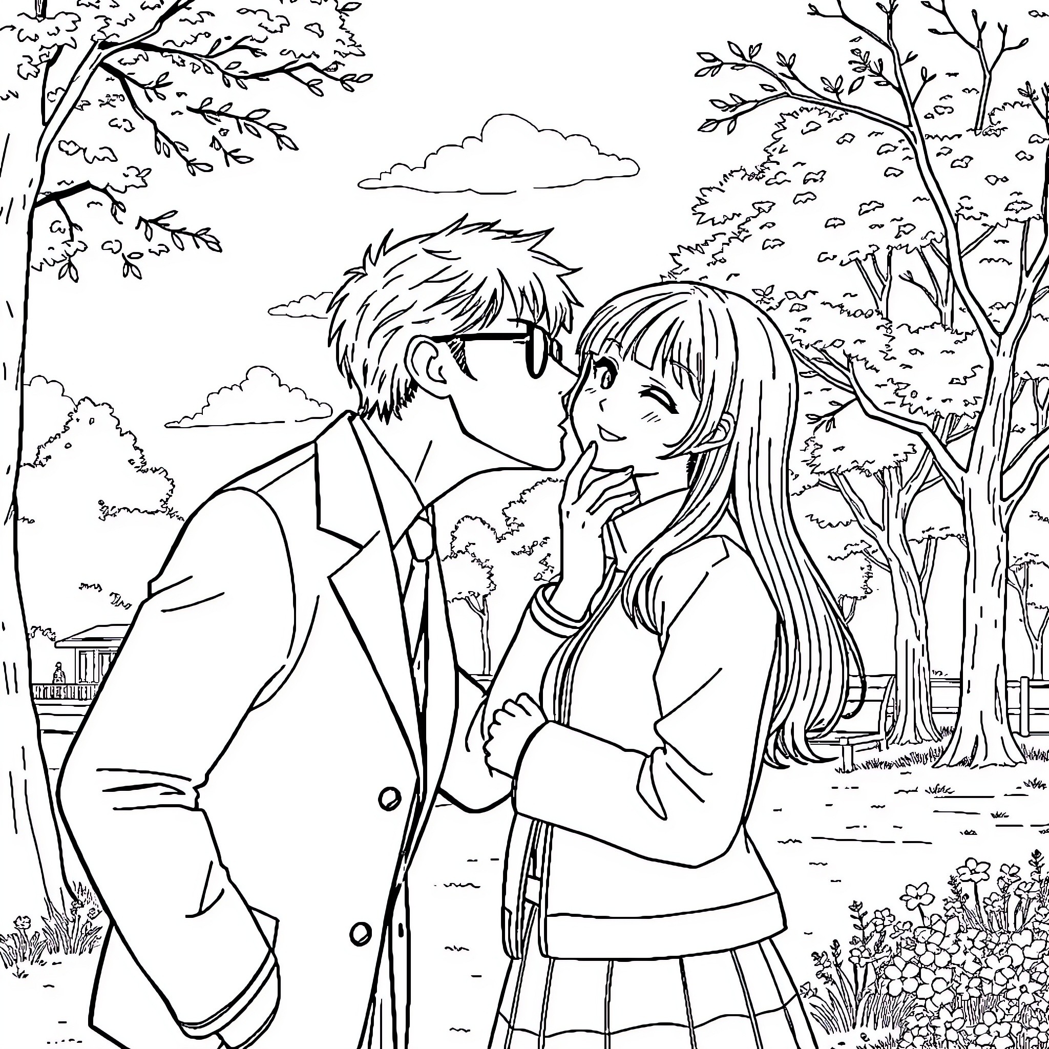 Mr Sakamoto and his special companion enjoying an outdoor stroll Coloring Page (free black-and-white line drawing printable PDF for all, from beginners to advanced learners, including children, teens, adults, and seniors)