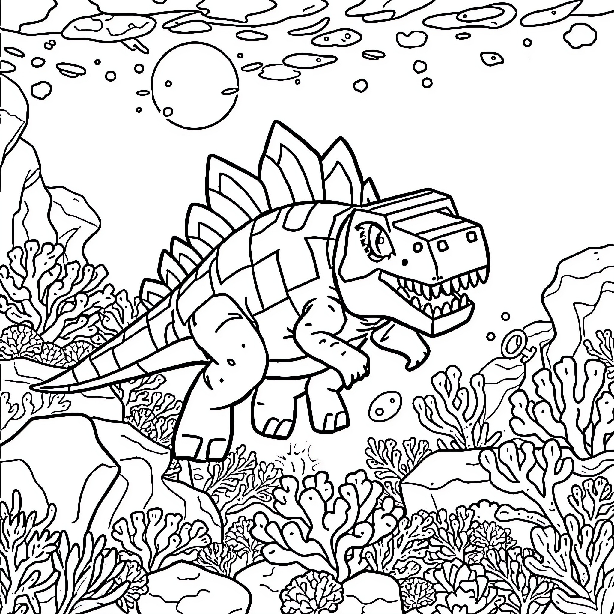 Mossasaurus exploring the underwater coral reef Coloring Page (free black-and-white line drawing printable PDF for all, from beginners to advanced learners, including children, teens, adults, and seniors)