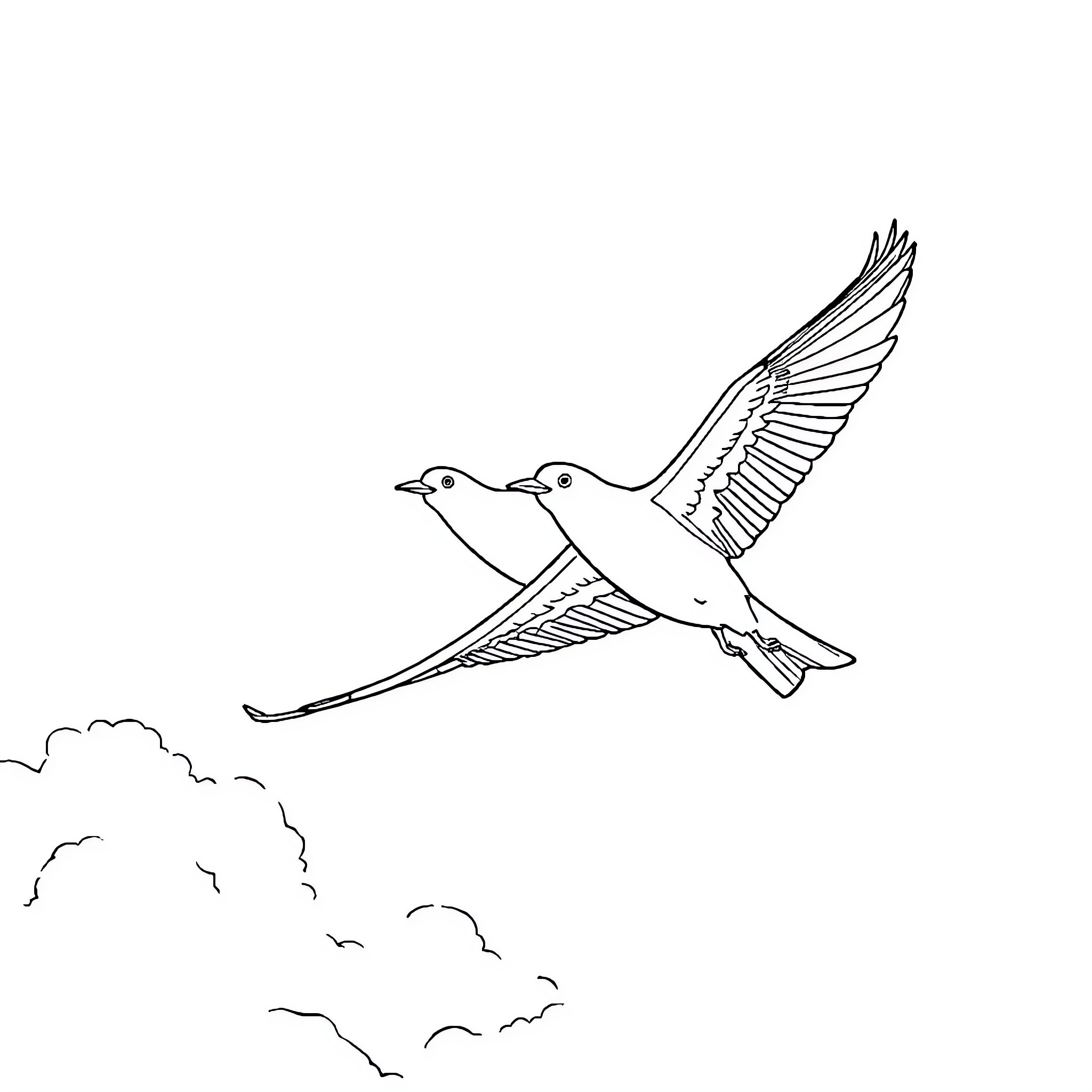 Avião voando com pássaros no céu Coloring Page (free black-and-white line drawing printable PDF for all, from beginners to advanced learners, including children, teens, adults, and seniors)