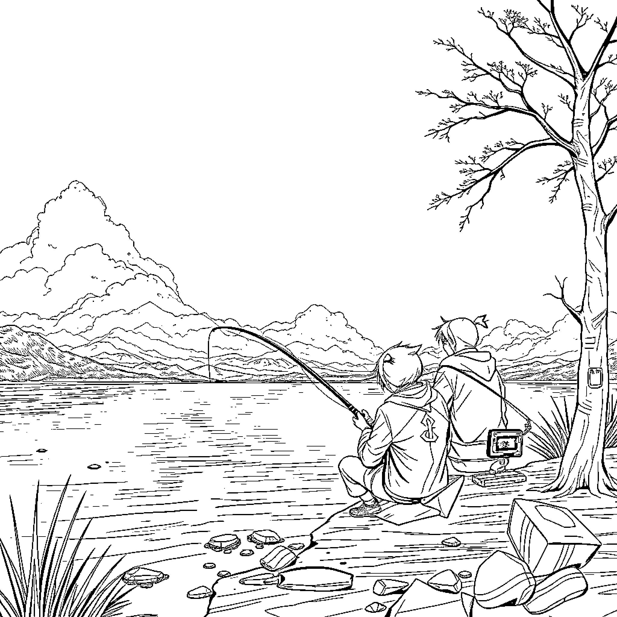 Demon Hunter Fishing in a Serene Landscape Coloring Page (free black-and-white line drawing printable PDF for all, from beginners to advanced learners, including children, teens, adults, and seniors)