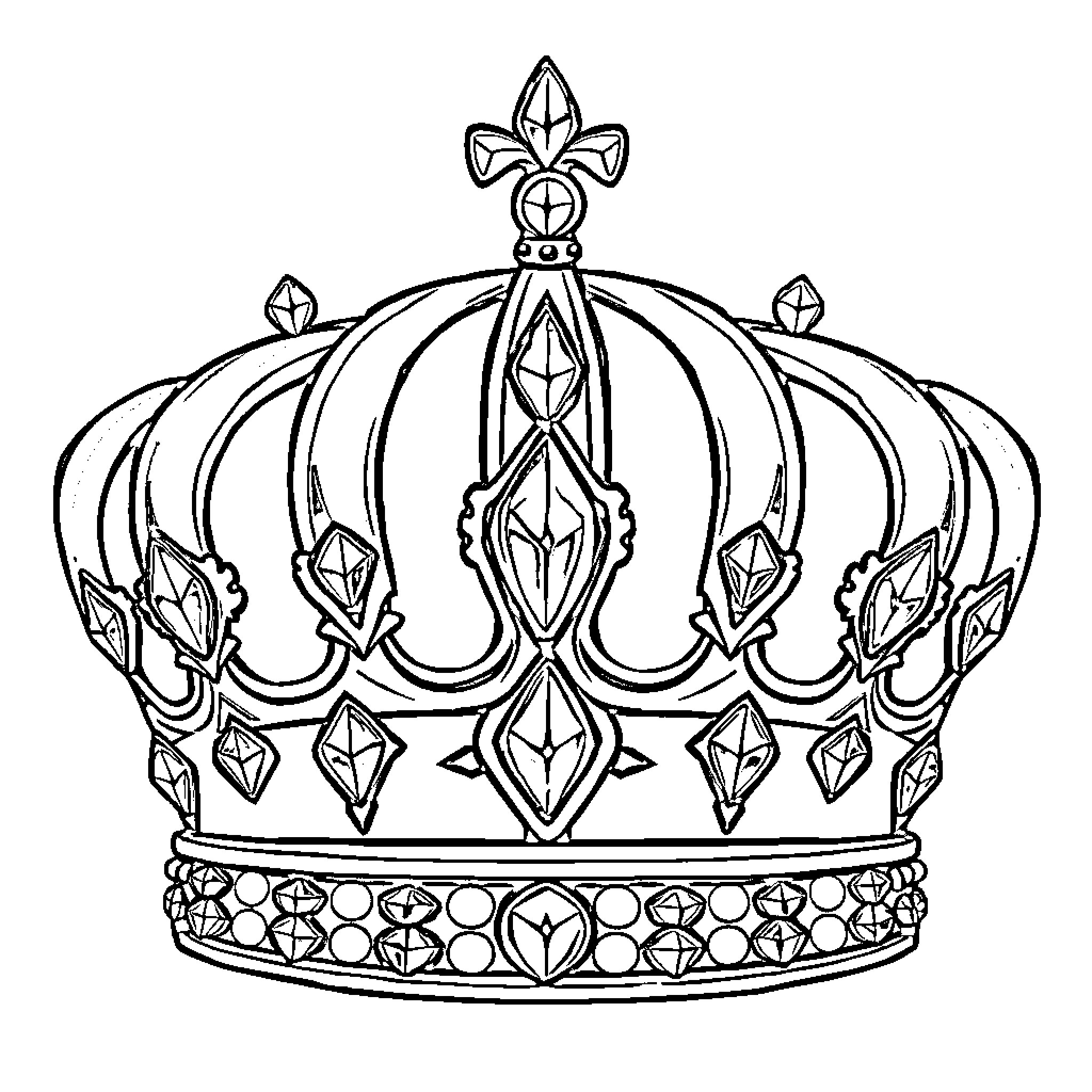 Crown with Ornate Design and Jewels Coloring Page (free black-and-white line drawing printable PDF for all, from beginners to advanced learners, including children, teens, adults, and seniors)