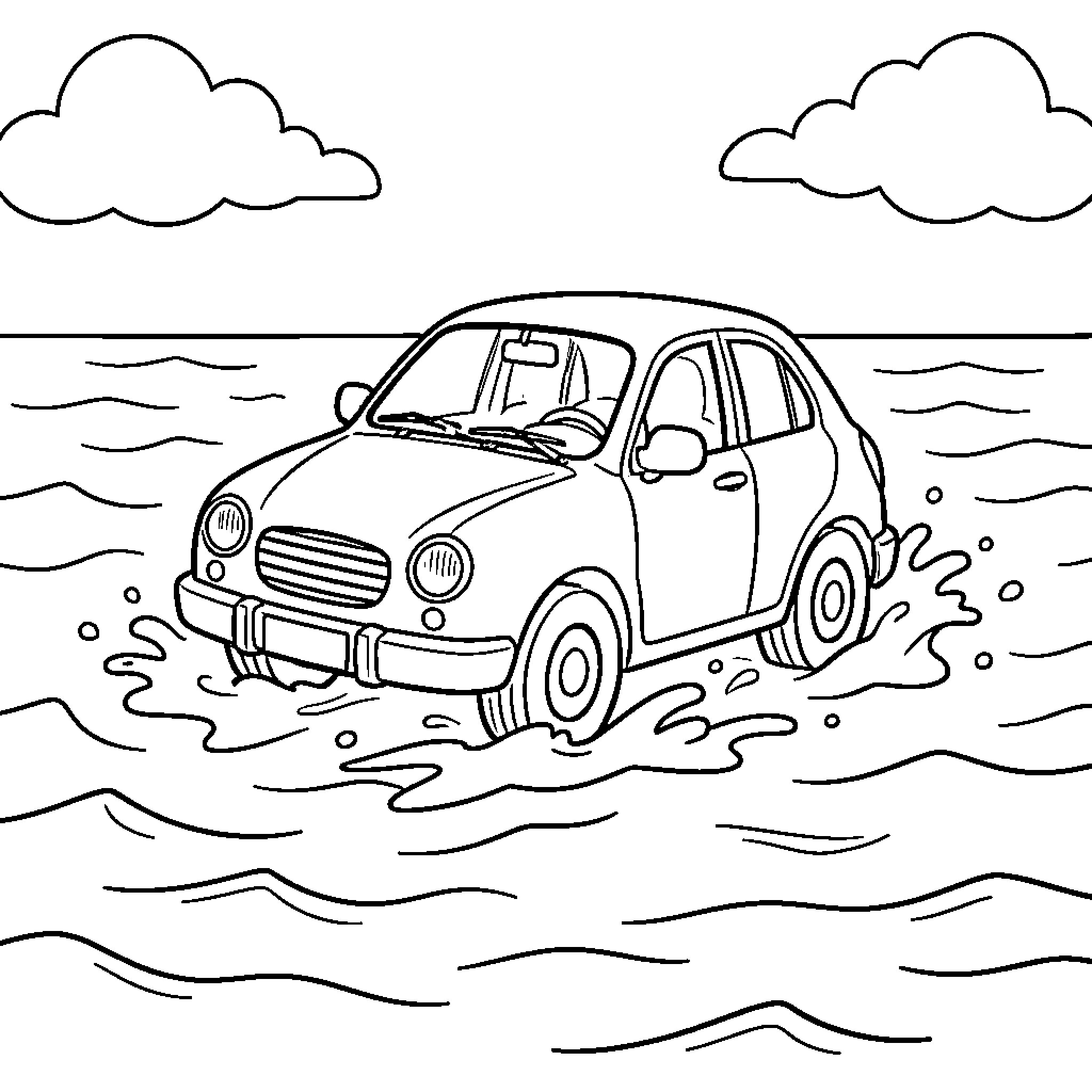 Car driving through splashing ocean waves Coloring Page (free black-and-white line drawing printable PDF for all, from beginners to advanced learners, including children, teens, adults, and seniors)