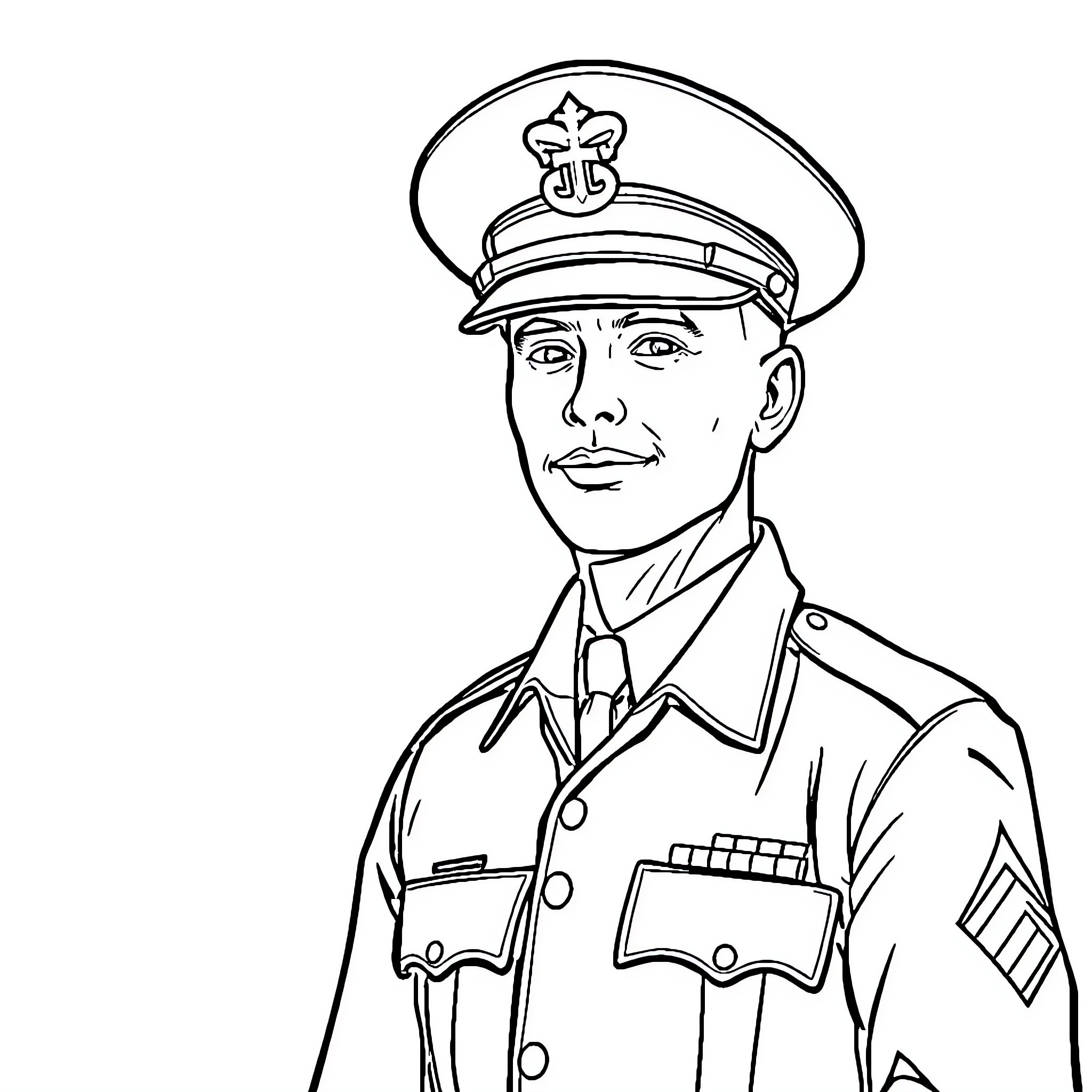 Marine officer in military uniform and cap Coloring Page (free black-and-white line drawing printable PDF for all, from beginners to advanced learners, including children, teens, adults, and seniors)