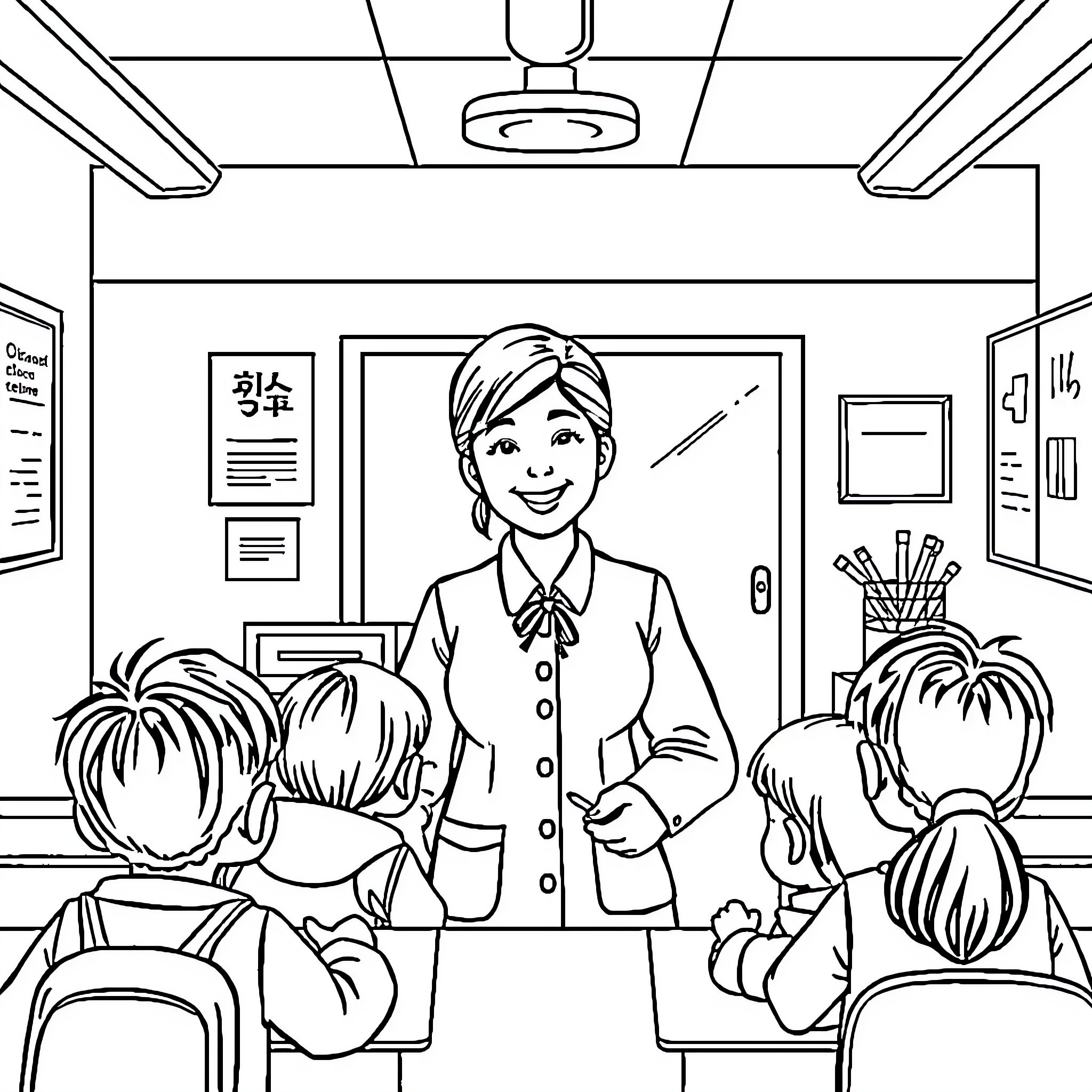 Teacher interacting with students in classroom Coloring Page (free black-and-white line drawing printable PDF for all, from beginners to advanced learners, including children, teens, adults, and seniors)