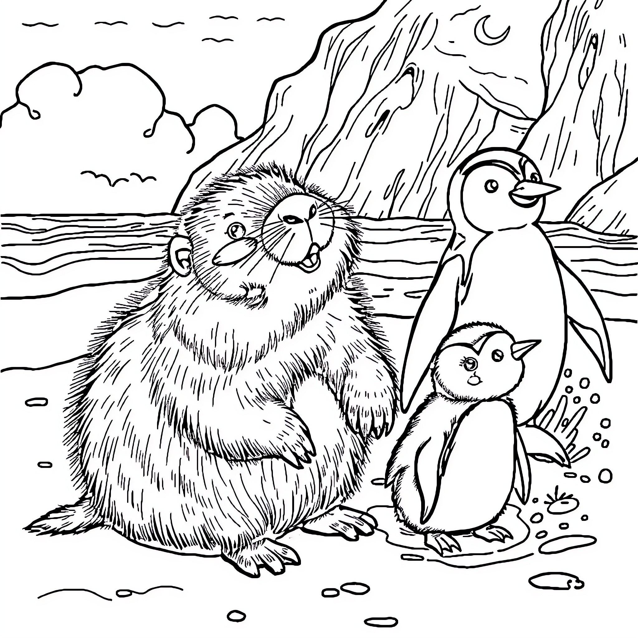 Capybara and Penguin Family in Snowy Landscape Coloring Page (free black-and-white line drawing printable PDF for all, from beginners to advanced learners, including children, teens, adults, and seniors)
