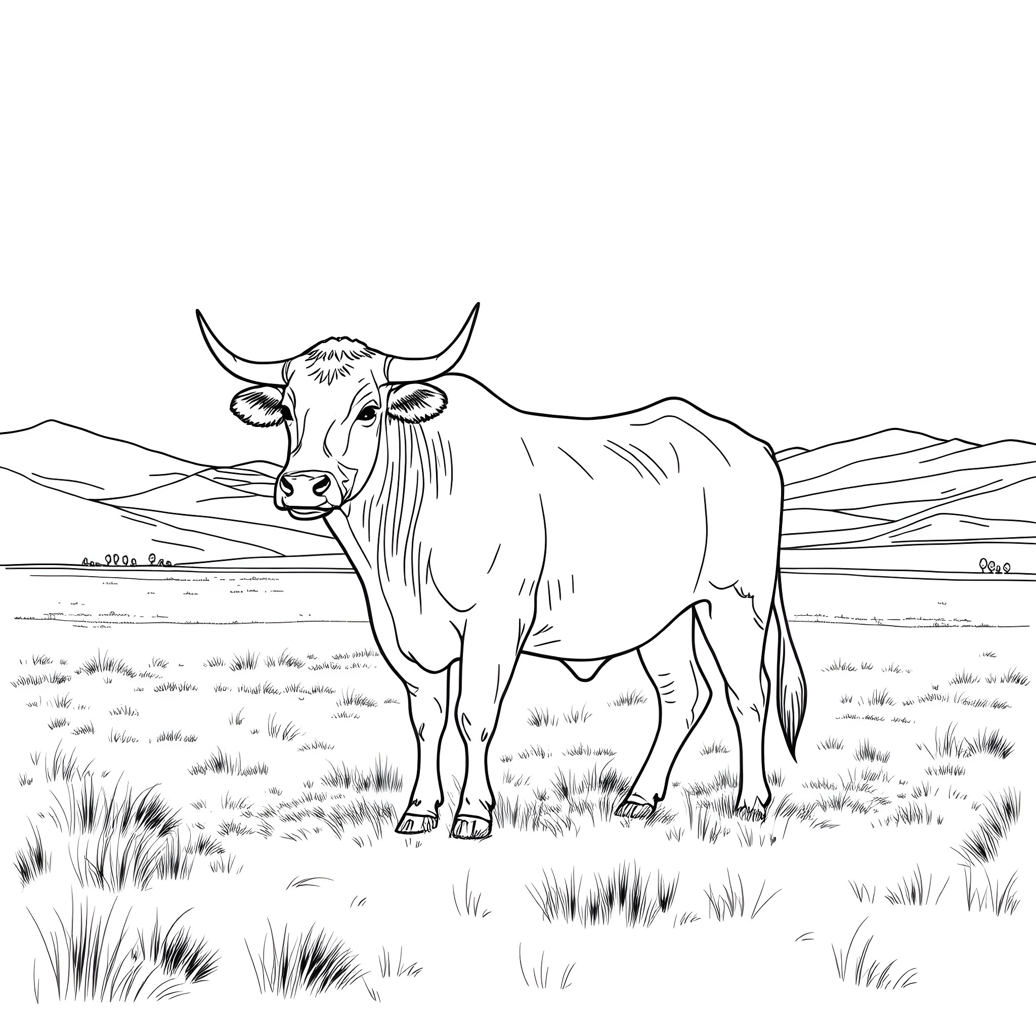 Bovine standing in a grassy field Coloring Page (free black-and-white line drawing printable PDF for all, from beginners to advanced learners, including children, teens, adults, and seniors)