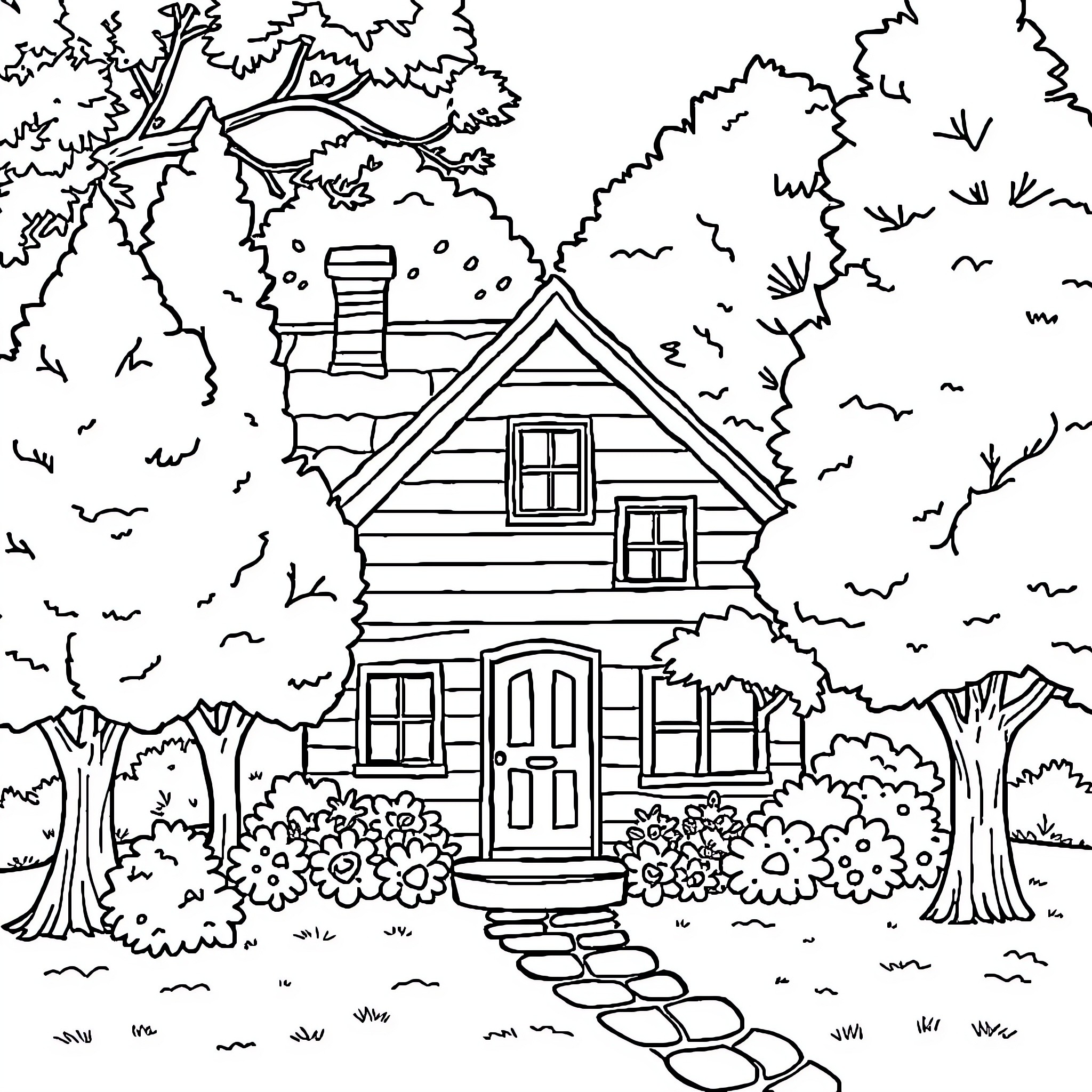 House in a Cozy Woodland Setting Coloring Page (free black-and-white line drawing printable PDF for all, from beginners to advanced learners, including children, teens, adults, and seniors)