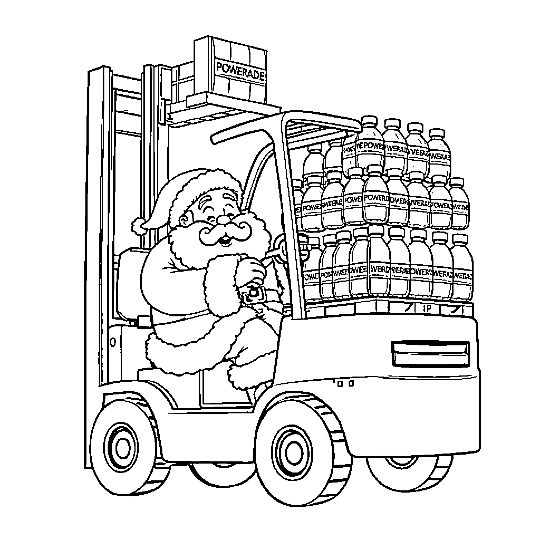 Santa Driving Forklift Delivering Beverages Coloring Page (free black-and-white line drawing printable PDF for all, from beginners to advanced learners, including children, teens, adults, and seniors)