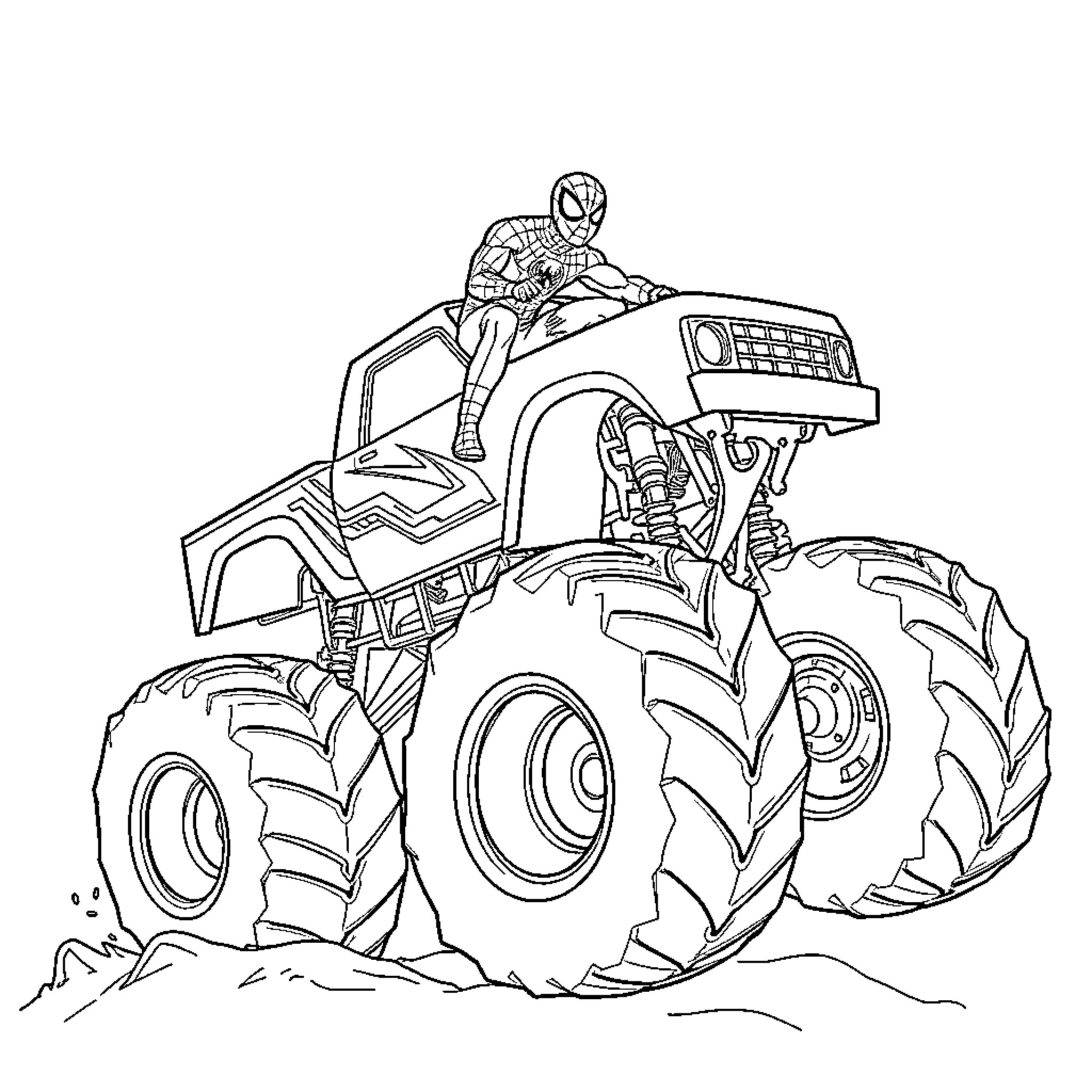 Spider-Man riding a monster truck on an adventure Coloring Page (free black-and-white line drawing printable PDF for all, from beginners to advanced learners, including children, teens, adults, and seniors)