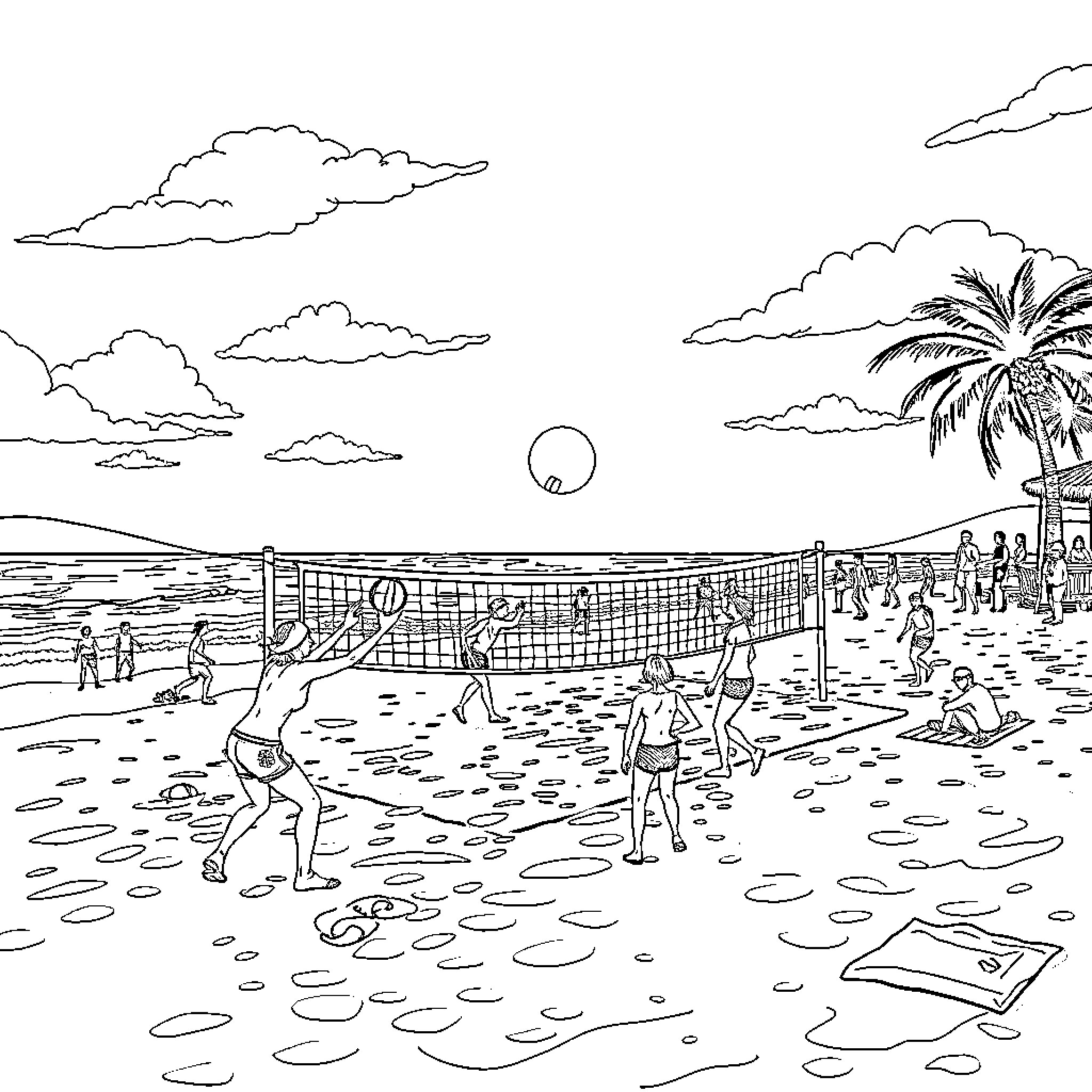 Beach Volleyball Game on Sunny Tropical Seaside Coloring Page (free black-and-white line drawing printable PDF for all, from beginners to advanced learners, including children, teens, adults, and seniors)
