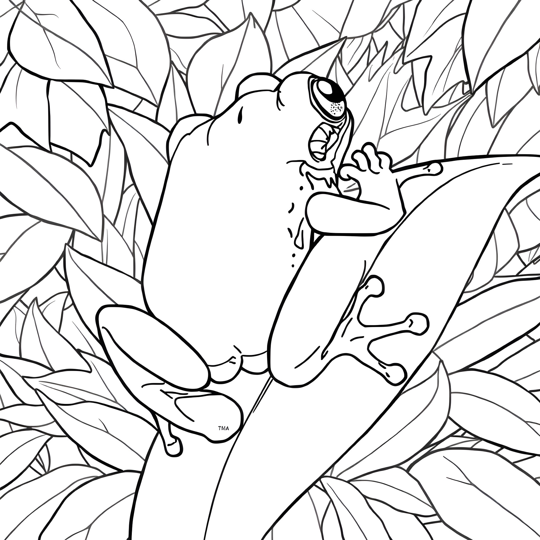 Frog hiding in the lush foliage Coloring Page (free black-and-white line drawing printable PDF for all, from beginners to advanced learners, including children, teens, adults, and seniors)