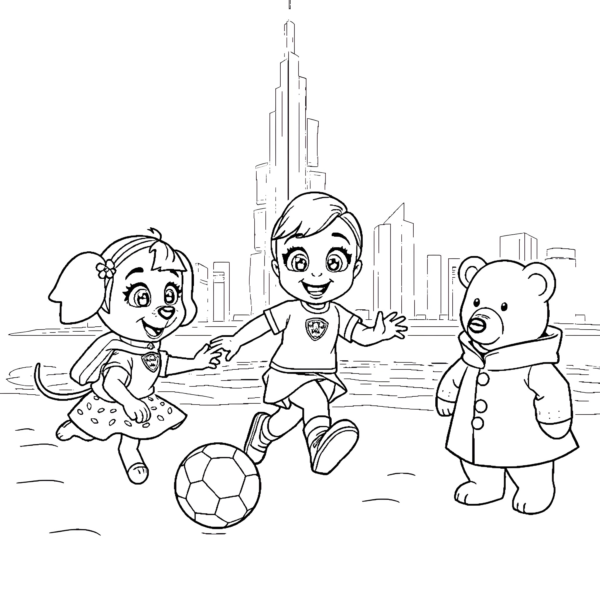 Skye's City Adventure with Friends Coloring Page (free black-and-white line drawing printable PDF for all, from beginners to advanced learners, including children, teens, adults, and seniors)