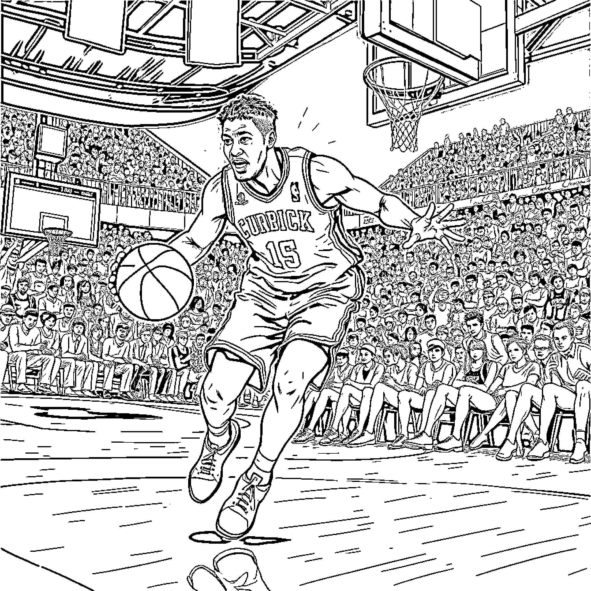 Kendrick Nunn playing basketball in a crowded stadium Coloring Page (free black-and-white line drawing printable PDF for all, from beginners to advanced learners, including children, teens, adults, and seniors)