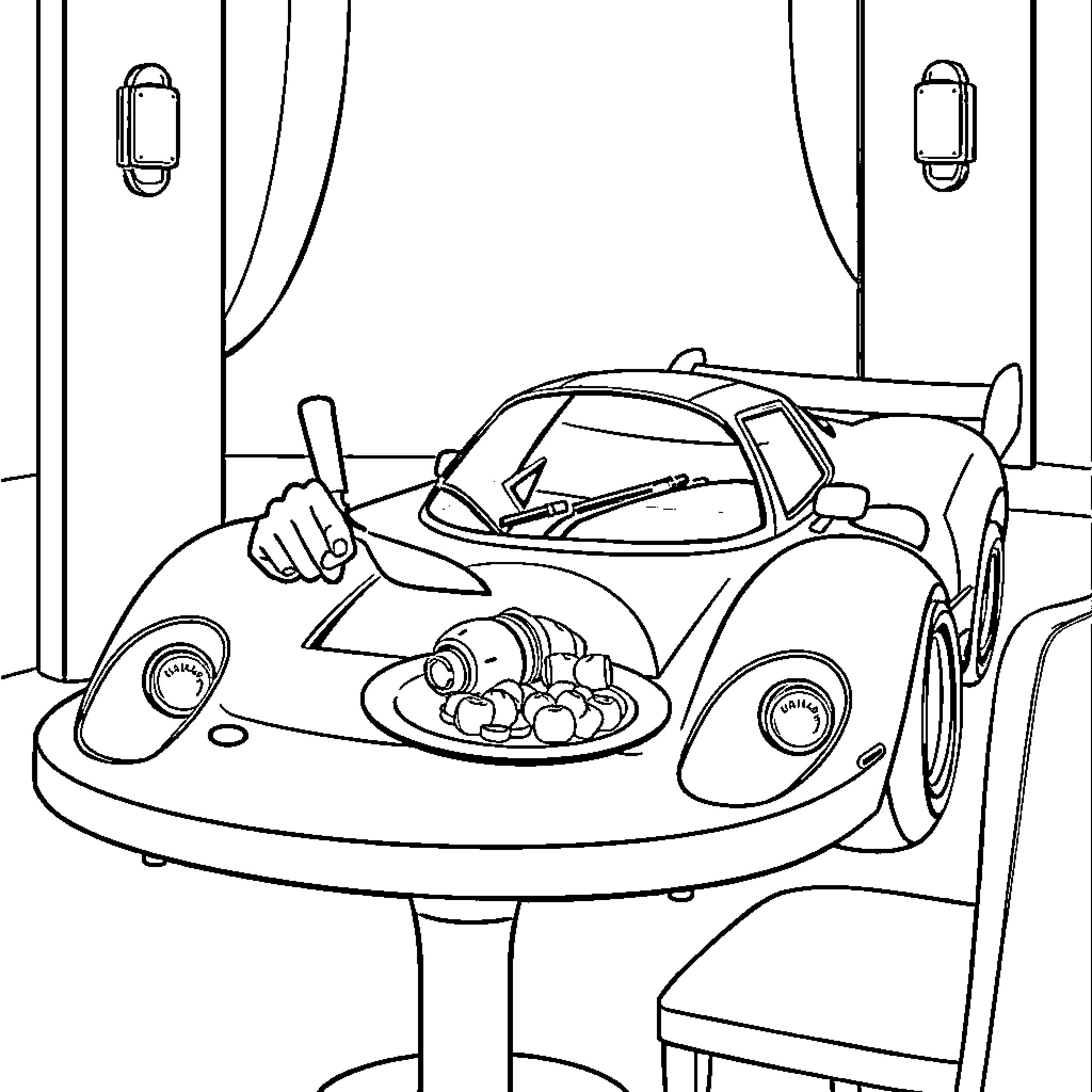 Racing Car in Garage with Mechanic Coloring Page (free black-and-white line drawing printable PDF for all, from beginners to advanced learners, including children, teens, adults, and seniors)