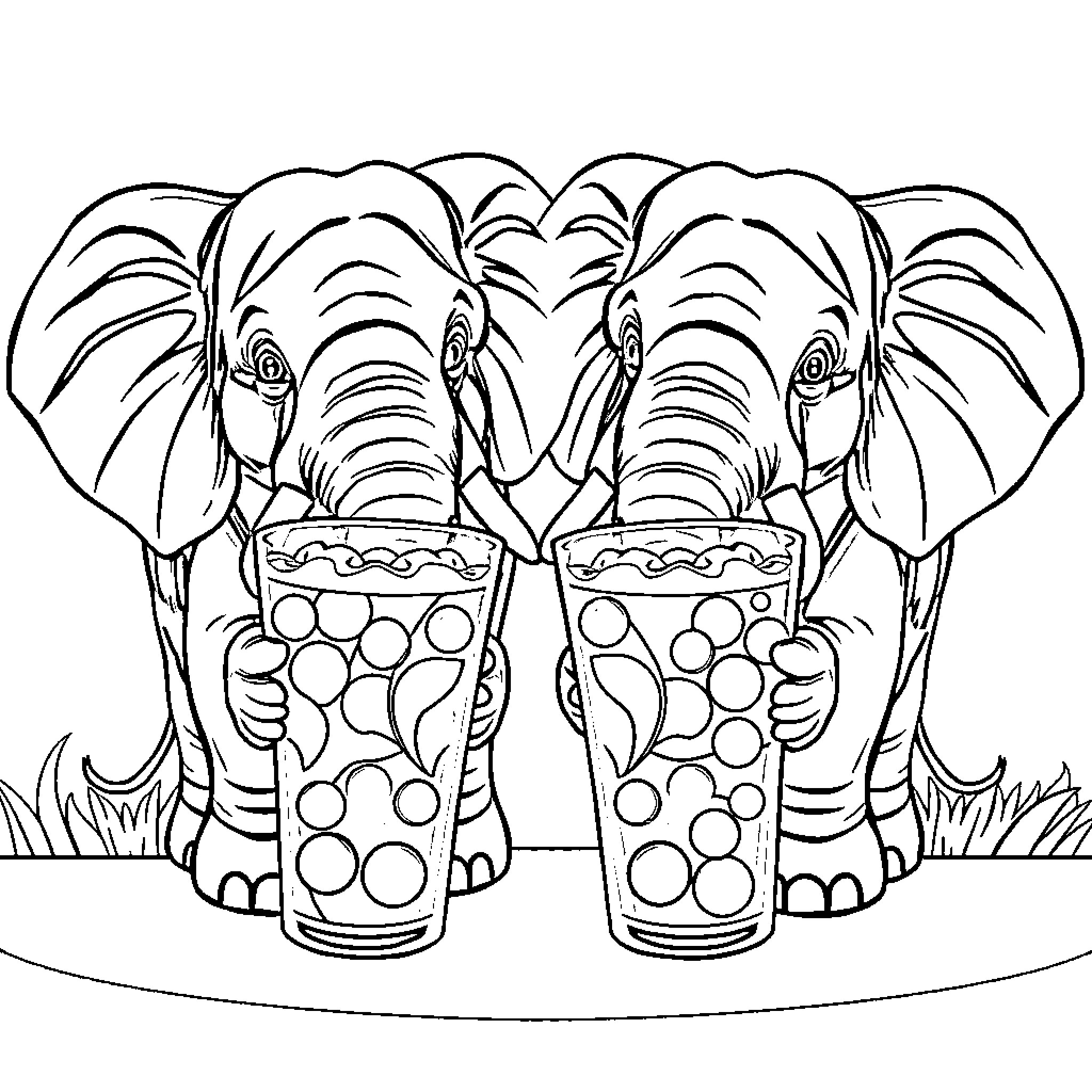 Elephants Enjoying Refreshing Drinks Coloring Page (free black-and-white line drawing printable PDF for all, from beginners to advanced learners, including children, teens, adults, and seniors)