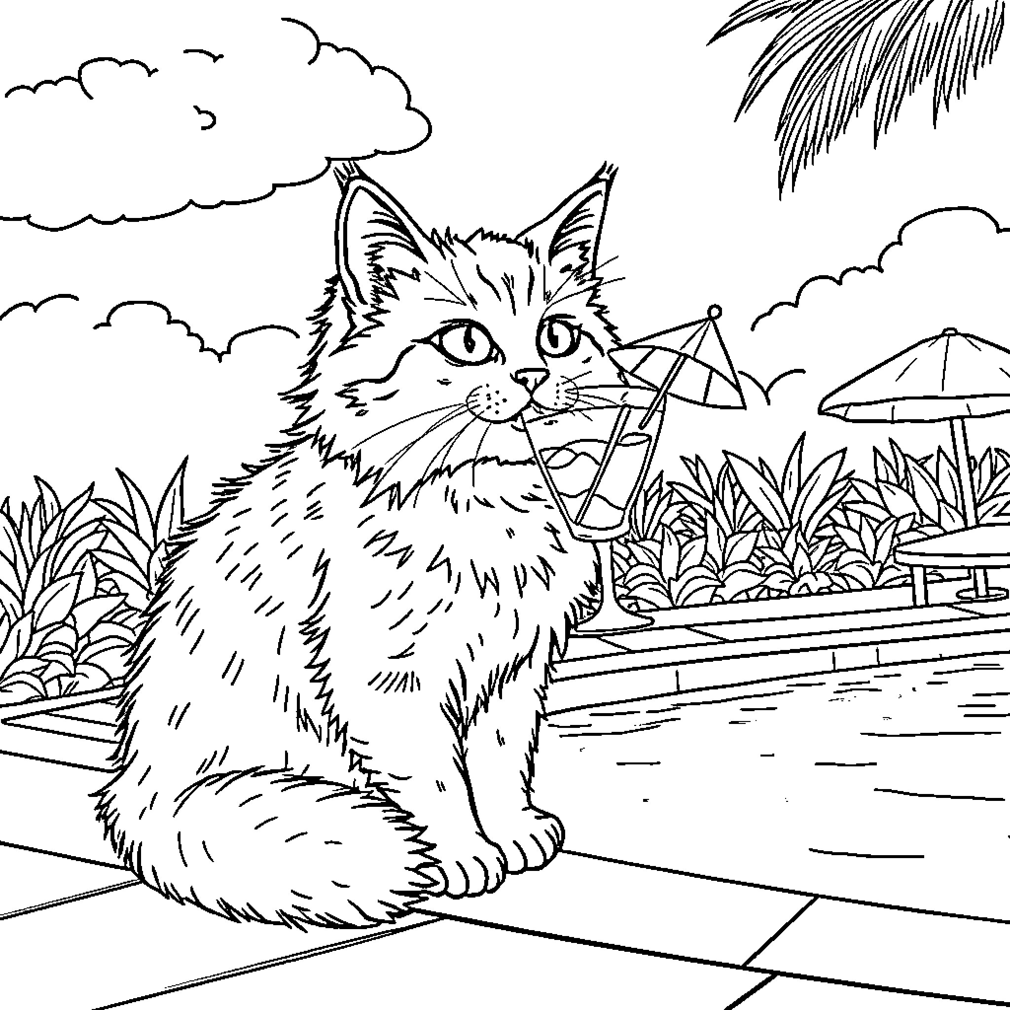 Cat enjoying a sunny day at the beach Coloring Page (free black-and-white line drawing printable PDF for all, from beginners to advanced learners, including children, teens, adults, and seniors)
