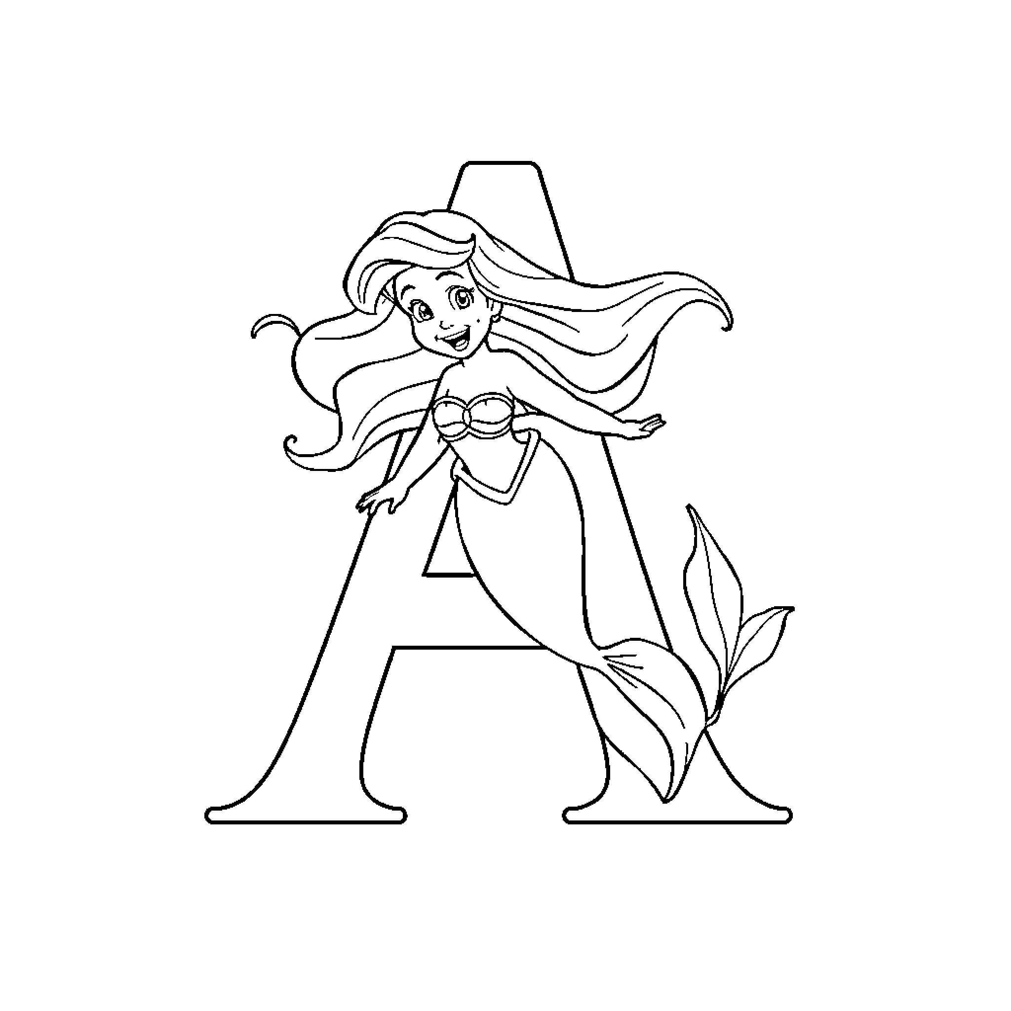 Ariel posing with mermaid tail and sea plant Coloring Page (free black-and-white line drawing printable PDF for all, from beginners to advanced learners, including children, teens, adults, and seniors)
