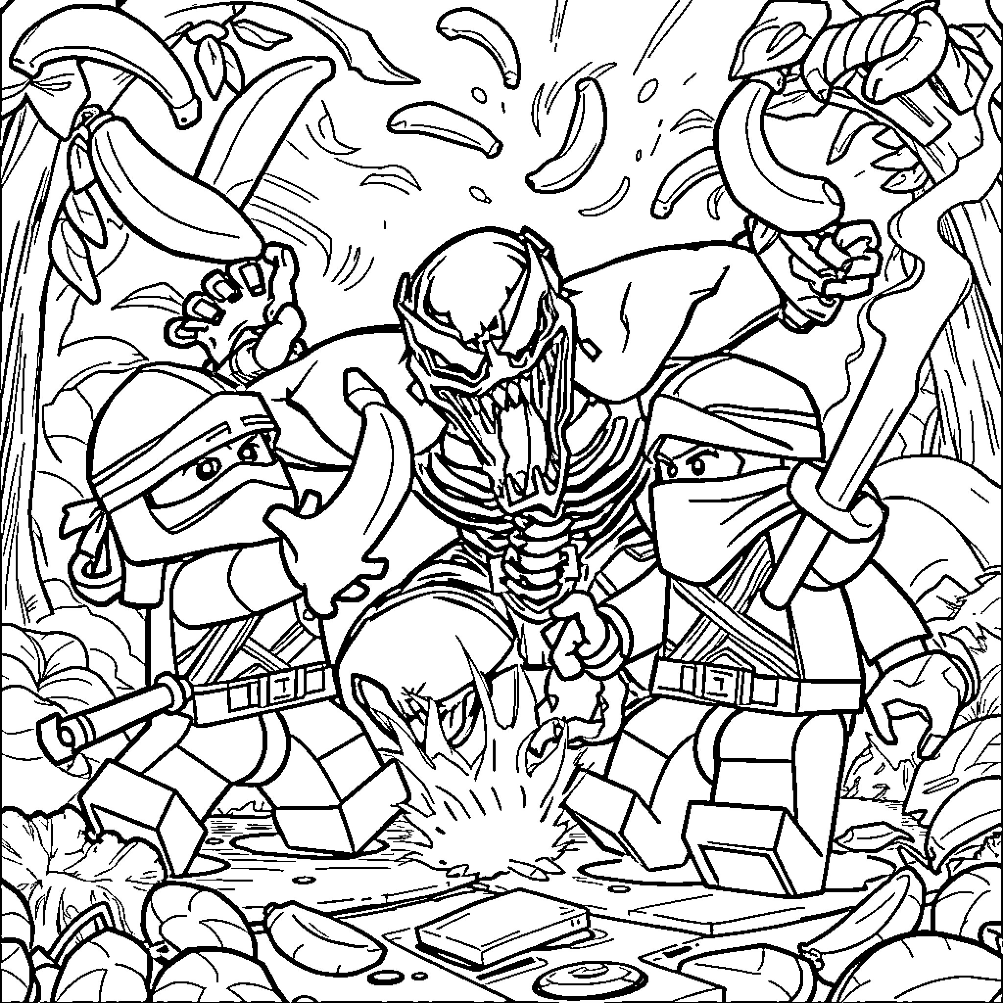 Ninjago's Fierce Battle: Ninjas vs Ferocious Creature Coloring Page (free black-and-white line drawing printable PDF for all, from beginners to advanced learners, including children, teens, adults, and seniors)