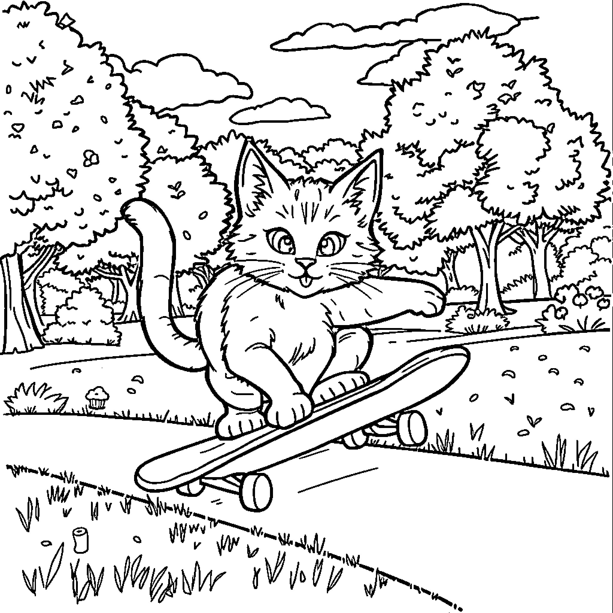 Cat riding skateboard in forest Coloring Page (free black-and-white line drawing printable PDF for all, from beginners to advanced learners, including children, teens, adults, and seniors)