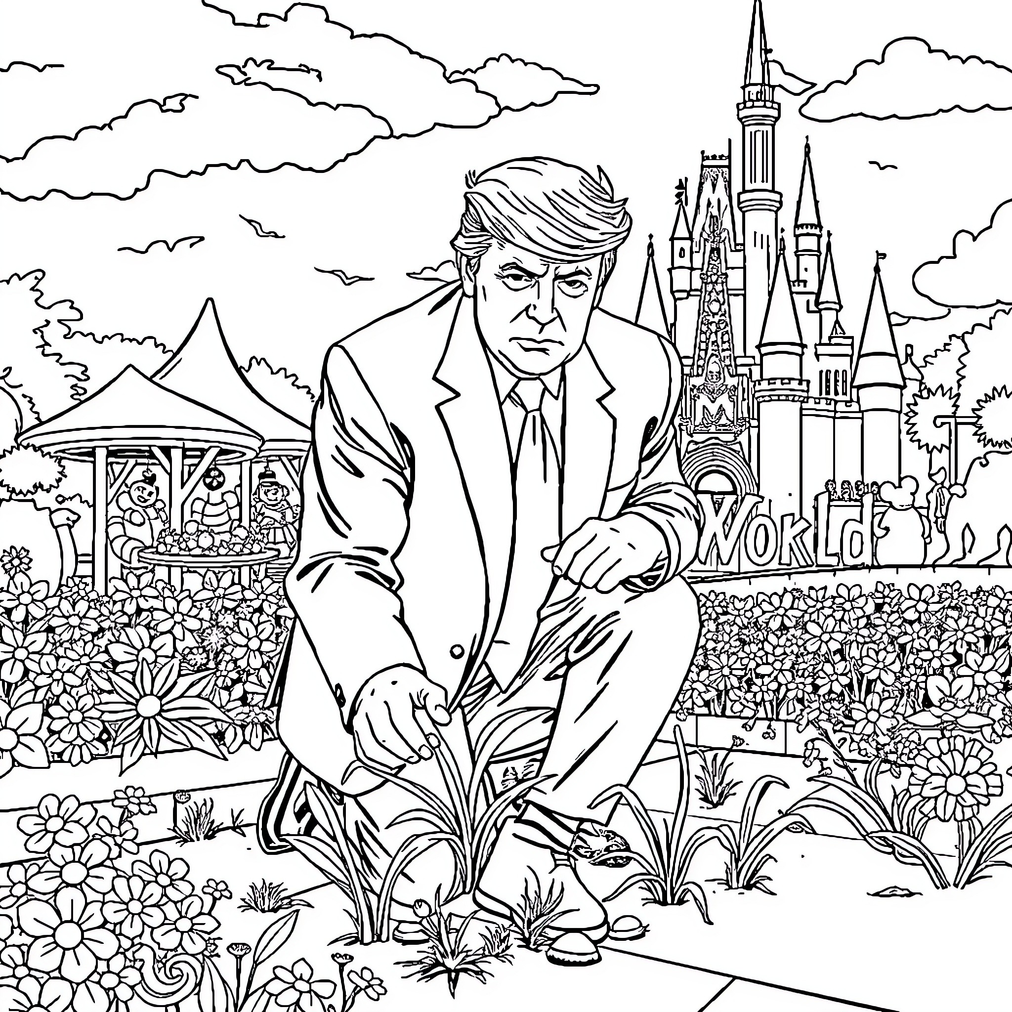 Donald Trump visiting a fantasy theme park Coloring Page (free black-and-white line drawing printable PDF for all, from beginners to advanced learners, including children, teens, adults, and seniors)