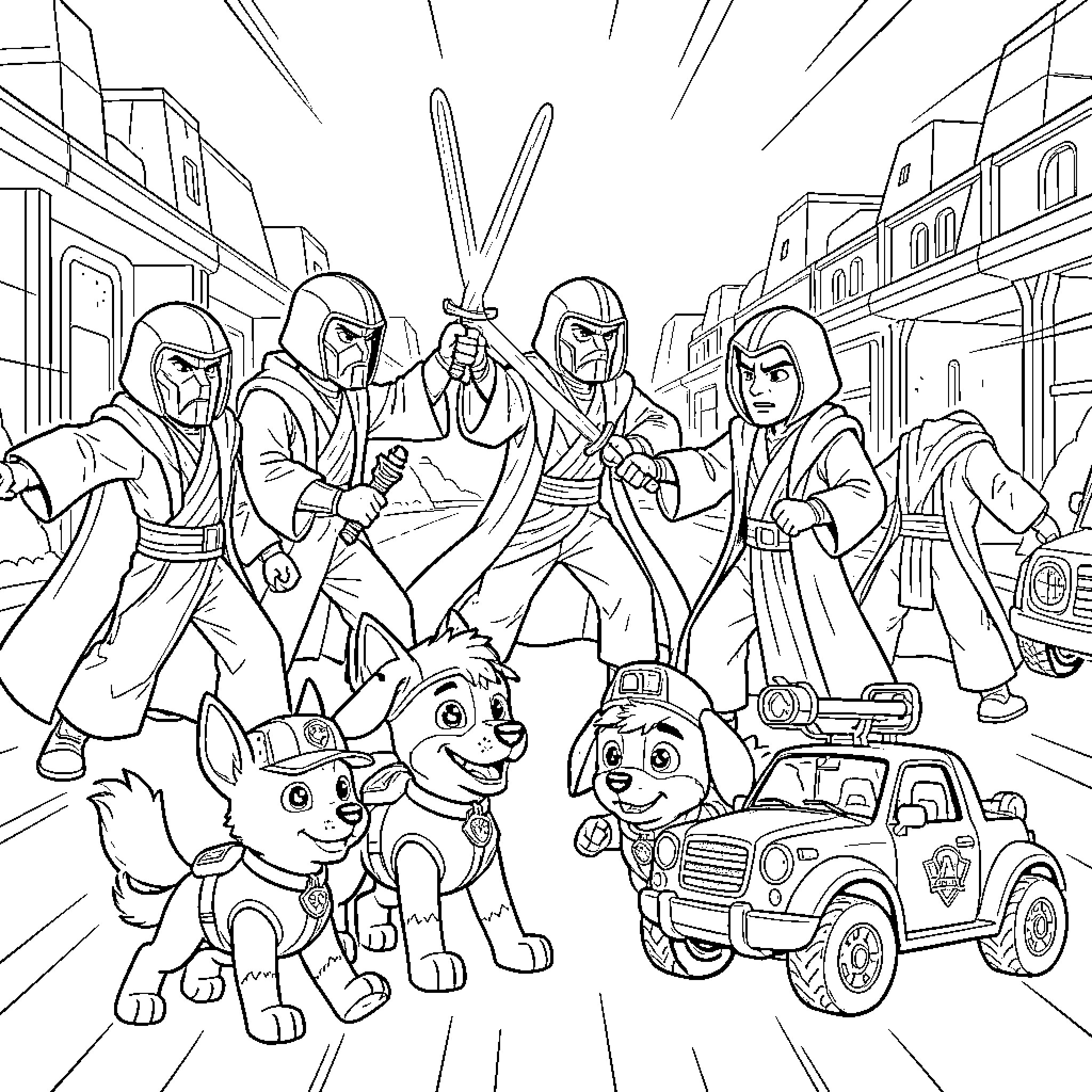 Jedi warriors fighting with swords alongside playful puppies Coloring Page (free black-and-white line drawing printable PDF for all, from beginners to advanced learners, including children, teens, adults, and seniors)