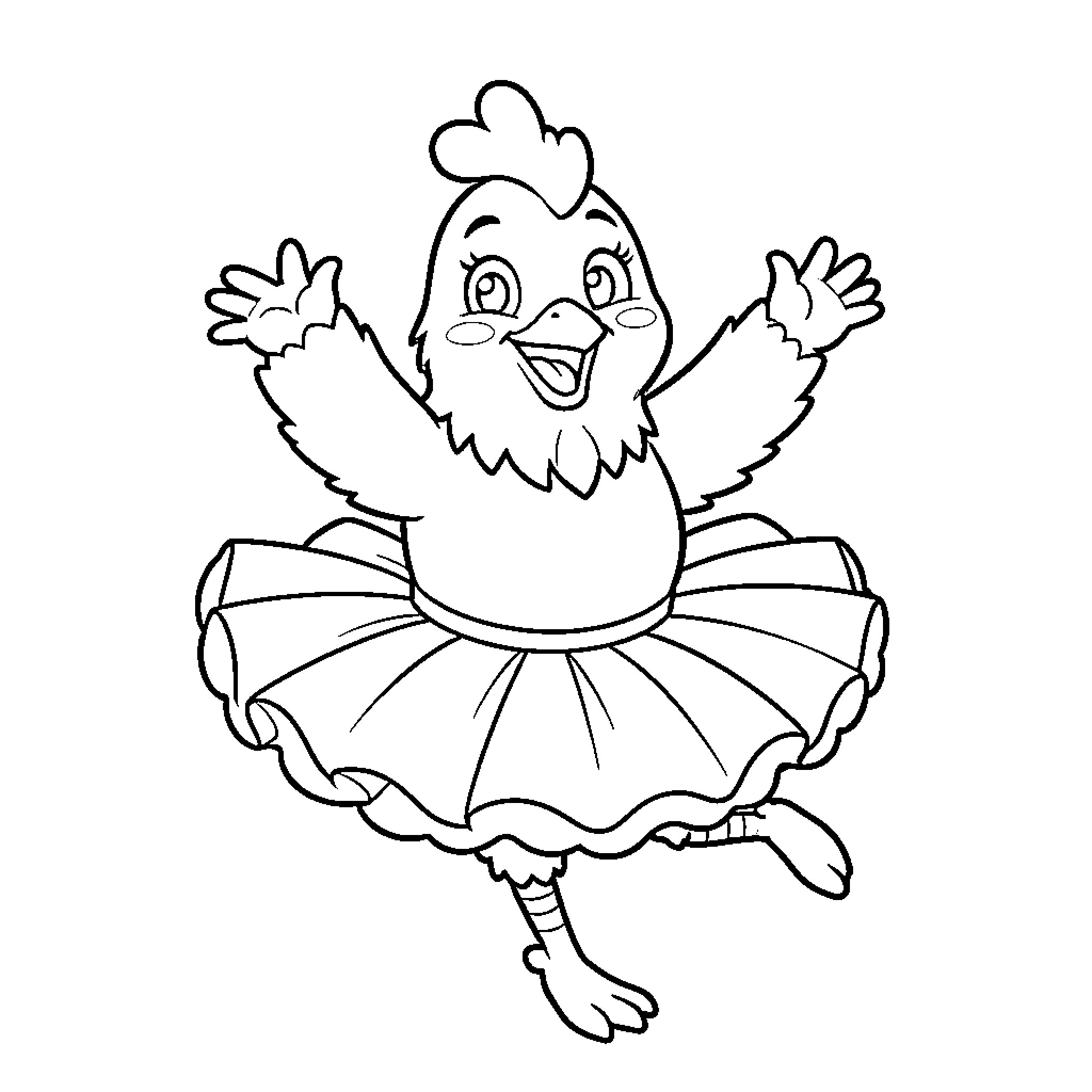 Chicken wearing a tutu and dancing joyfully Coloring Page (free black-and-white line drawing printable PDF for all, from beginners to advanced learners, including children, teens, adults, and seniors)