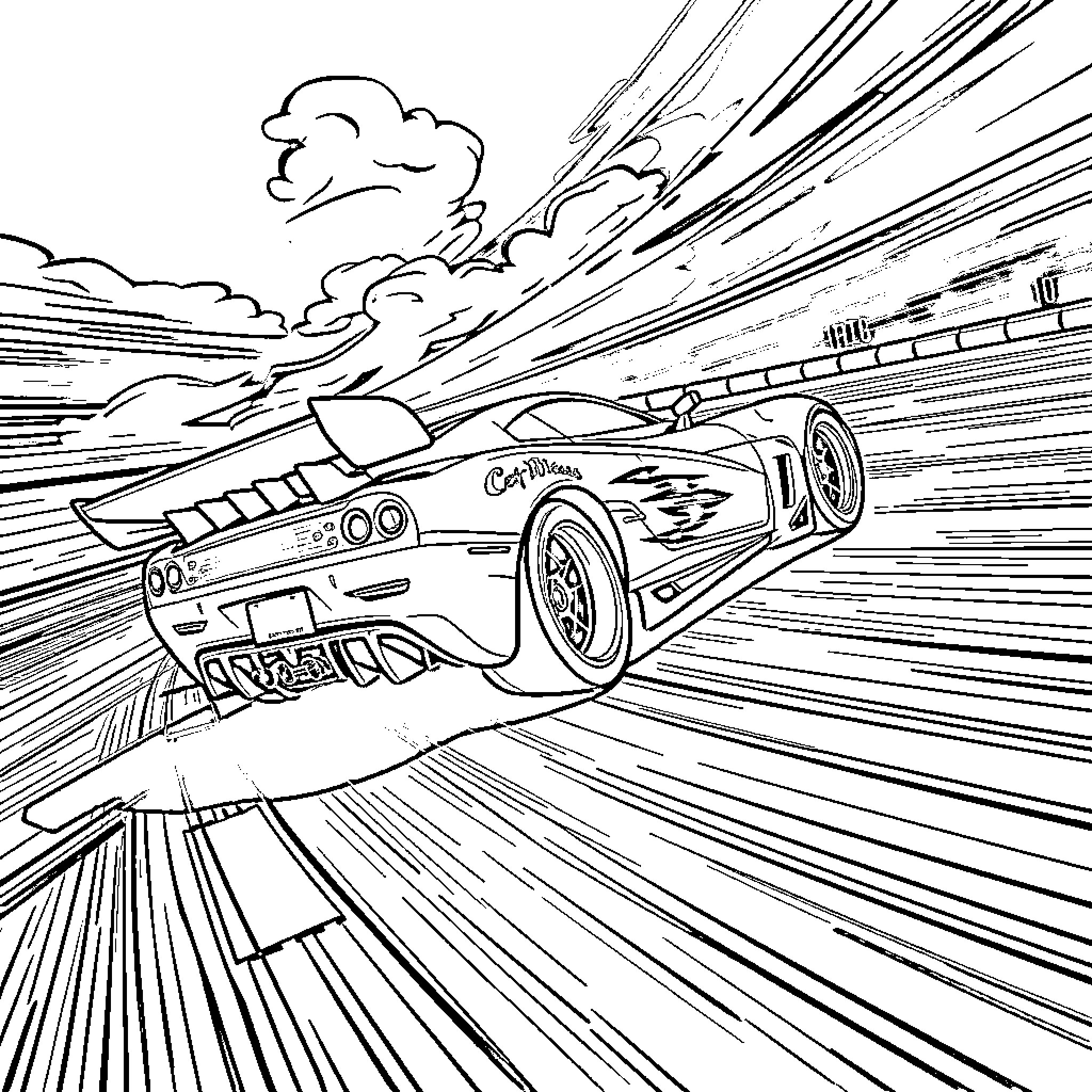 Hot Wheels race car speeding through the sky Coloring Page (free black-and-white line drawing printable PDF for all, from beginners to advanced learners, including children, teens, adults, and seniors)