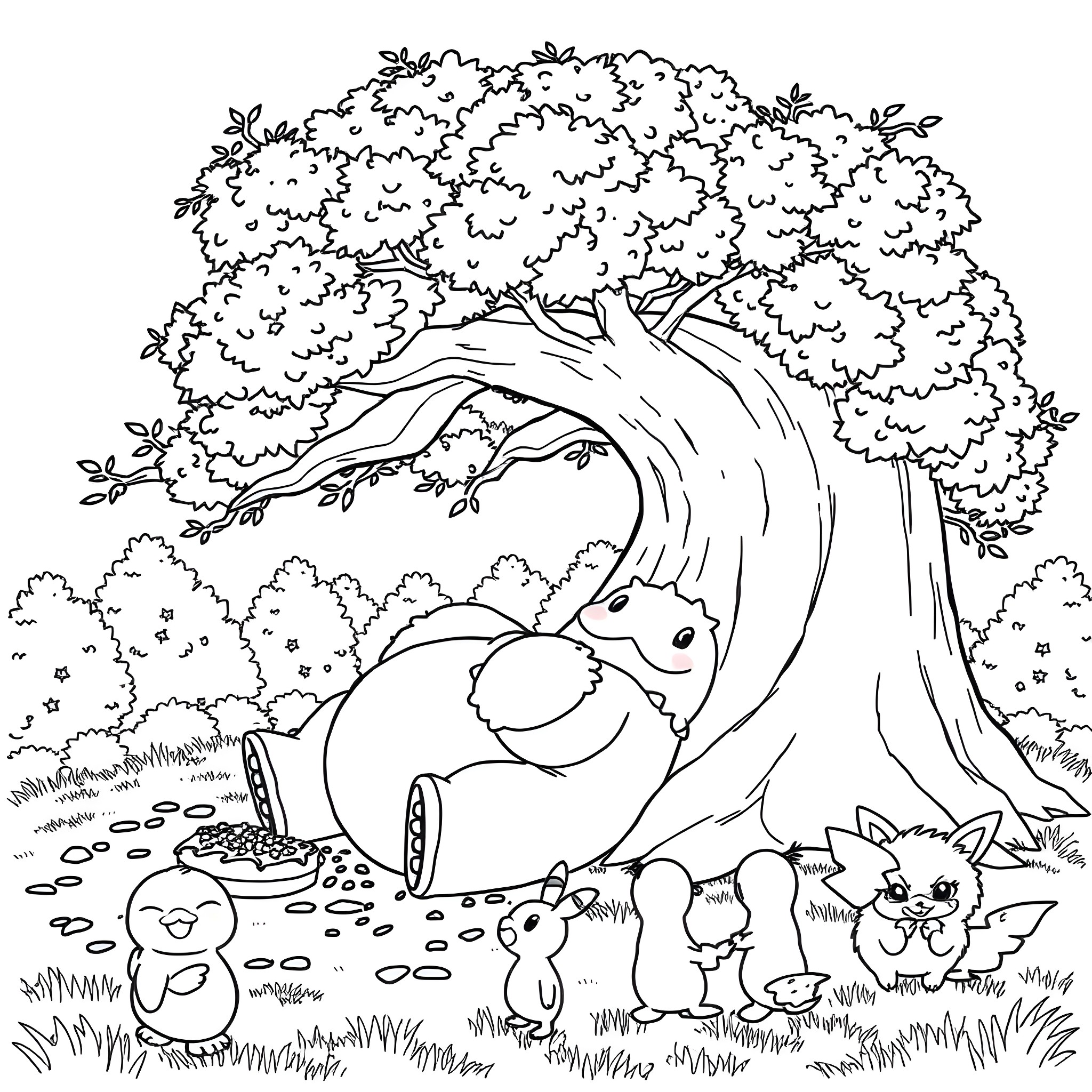 Snorlax sleeping peacefully under a large tree Coloring Page (free black-and-white line drawing printable PDF for all, from beginners to advanced learners, including children, teens, adults, and seniors)