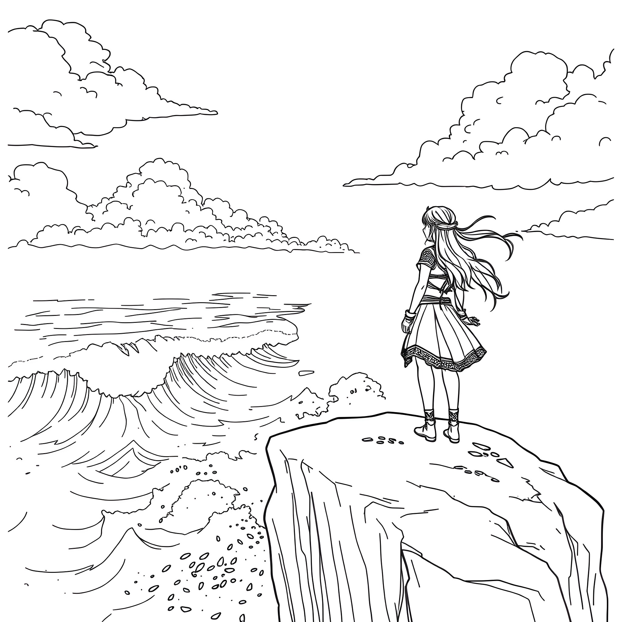 Rinoa overlooking the stormy ocean Coloring Page (free black-and-white line drawing printable PDF for all, from beginners to advanced learners, including children, teens, adults, and seniors)