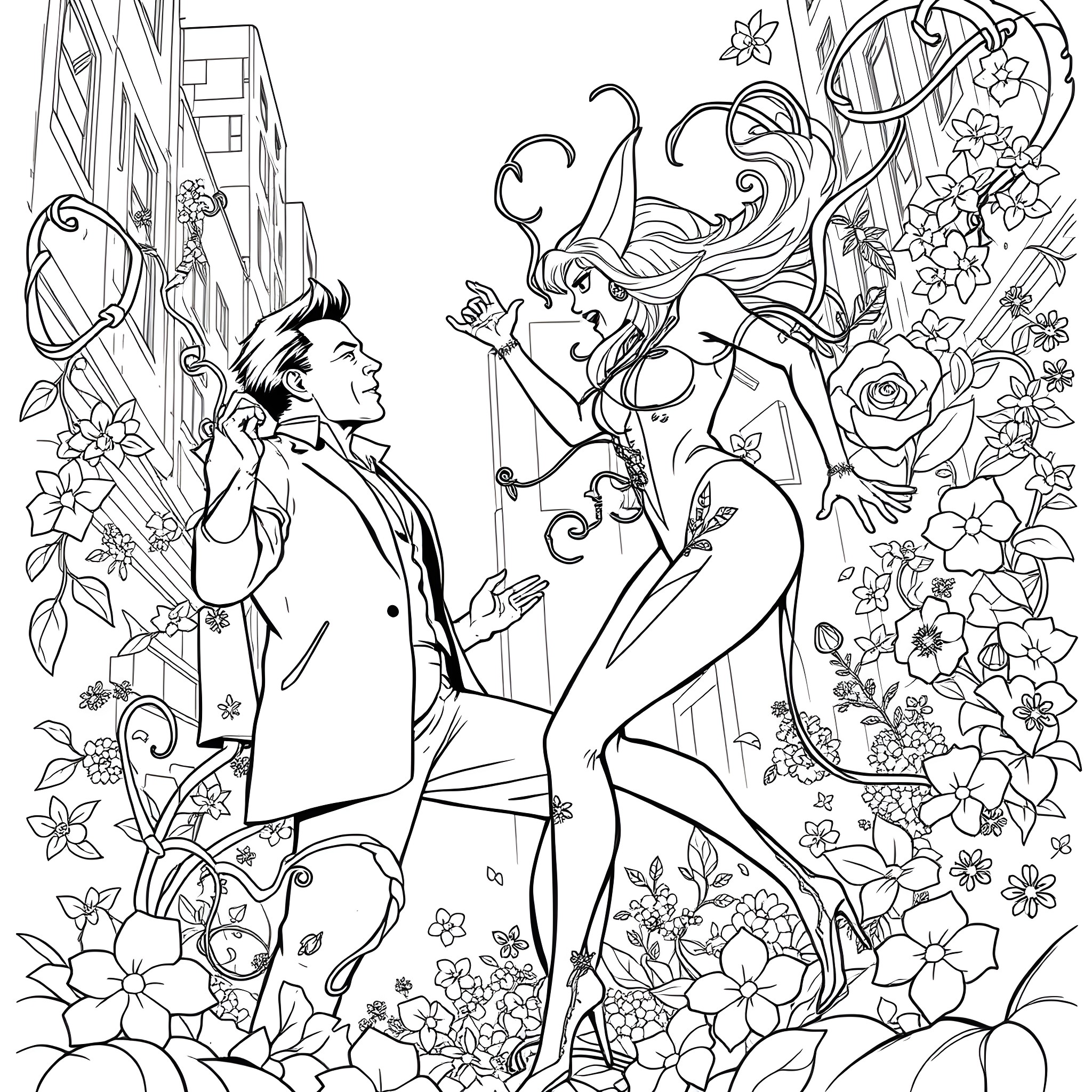 Poison Ivy's seductive encounter with a suited gentleman Coloring Page (free black-and-white line drawing printable PDF for all, from beginners to advanced learners, including children, teens, adults, and seniors)