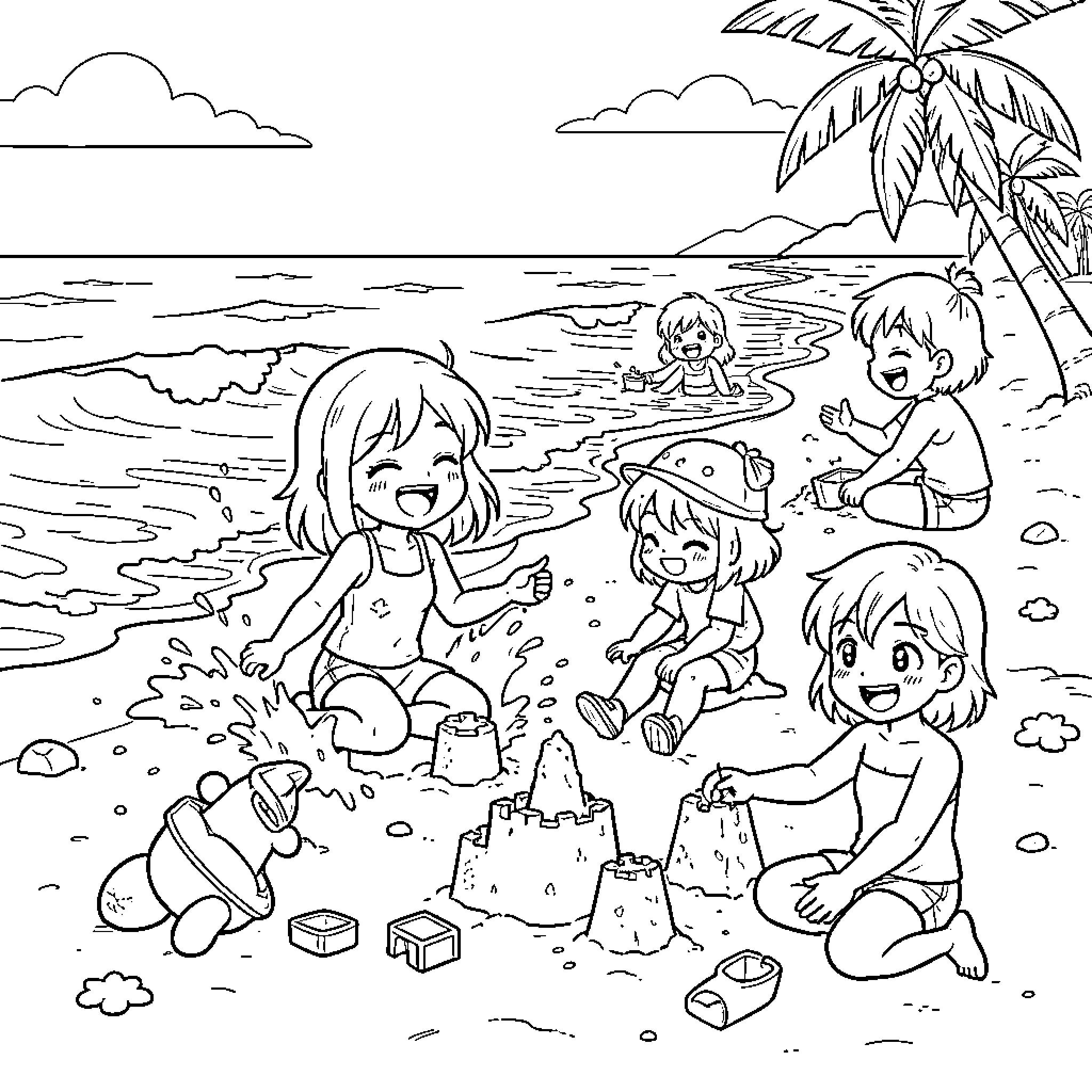 Anime children playing and building sandcastles on the beach Coloring Page (free black-and-white line drawing printable PDF for all, from beginners to advanced learners, including children, teens, adults, and seniors)