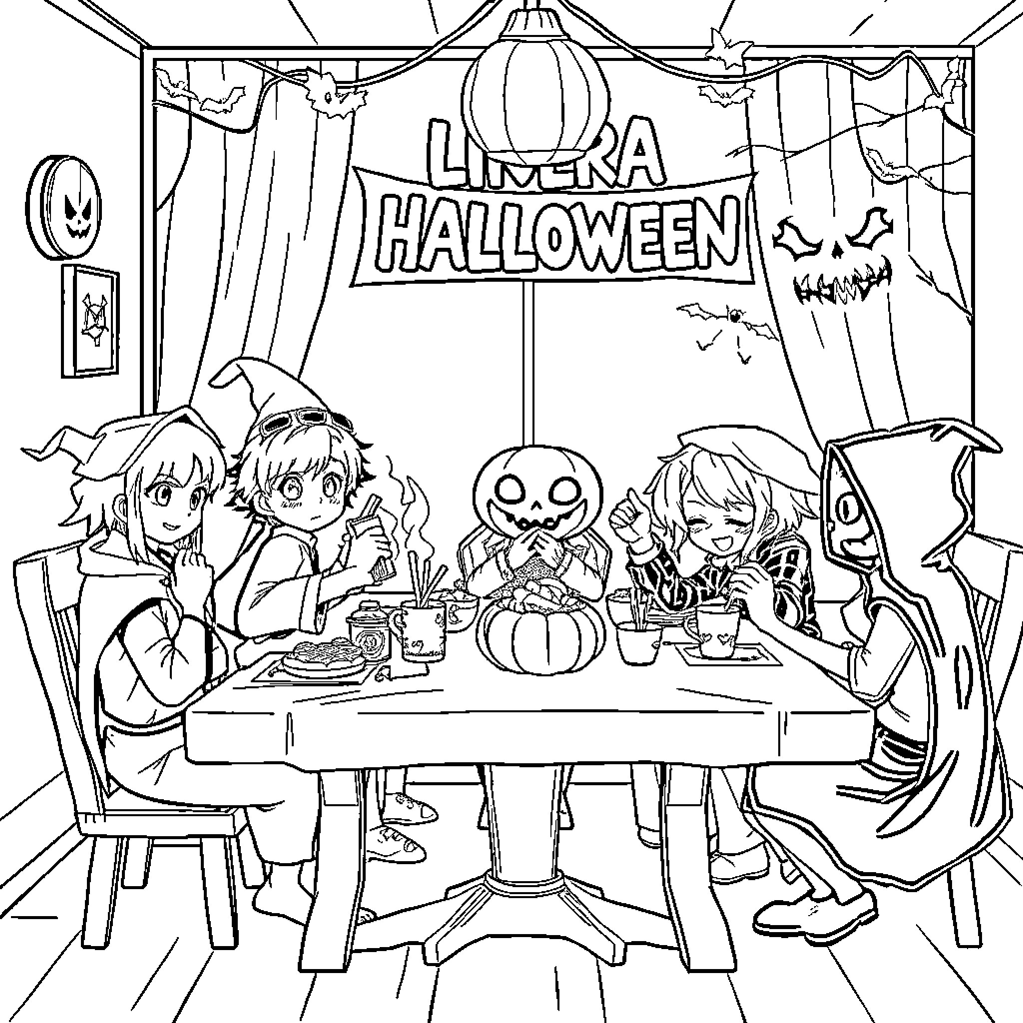 Halloween party with friends in a cozy setting Coloring Page (free black-and-white line drawing printable PDF for all, from beginners to advanced learners, including children, teens, adults, and seniors)