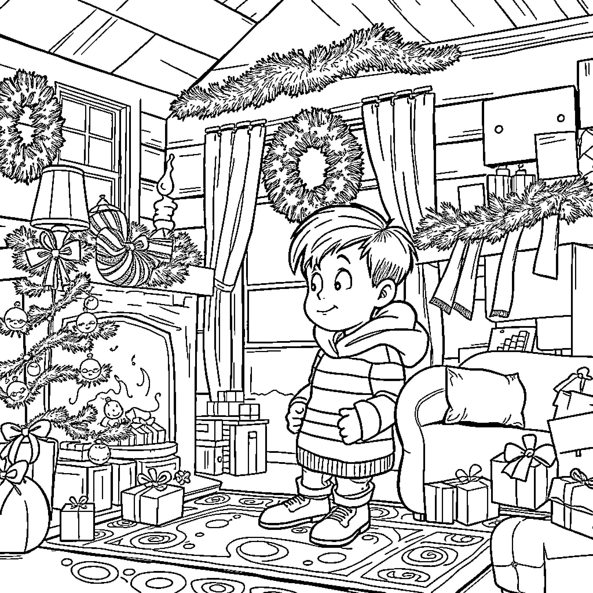 Kevin's Festive Holiday Scene Coloring Page (free black-and-white line drawing printable PDF for all, from beginners to advanced learners, including children, teens, adults, and seniors)