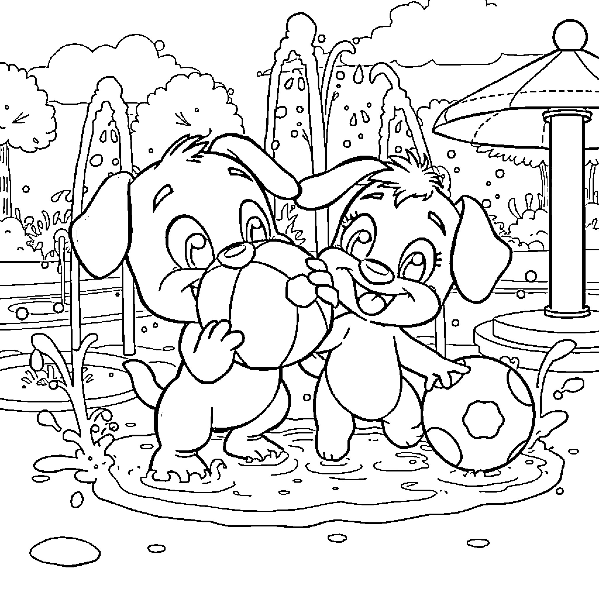 Bluey and Bingo playing joyfully in the park Coloring Page (free black-and-white line drawing printable PDF for all, from beginners to advanced learners, including children, teens, adults, and seniors)