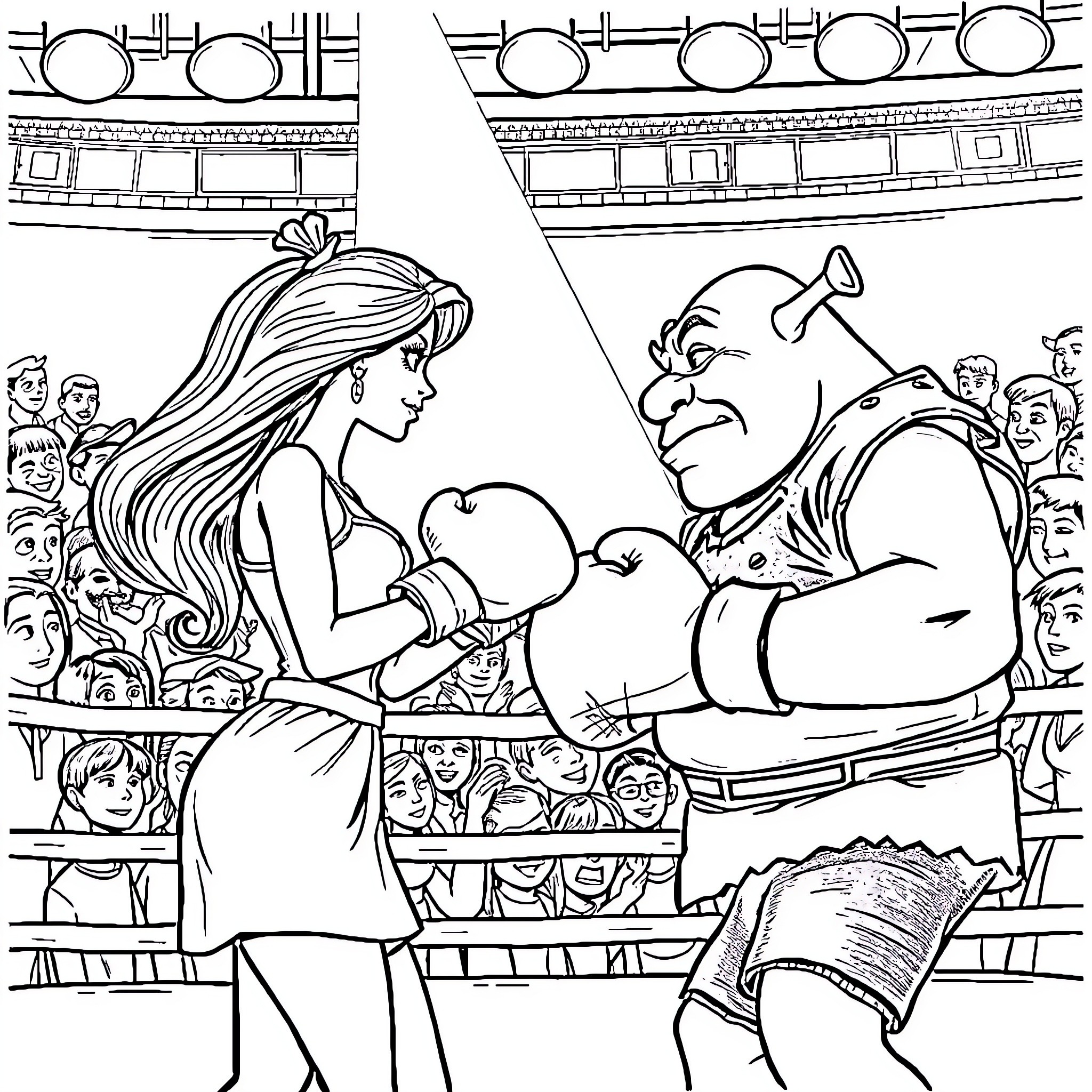 Barbie in the Boxing Ring Coloring Page (free black-and-white line drawing printable PDF for all, from beginners to advanced learners, including children, teens, adults, and seniors)