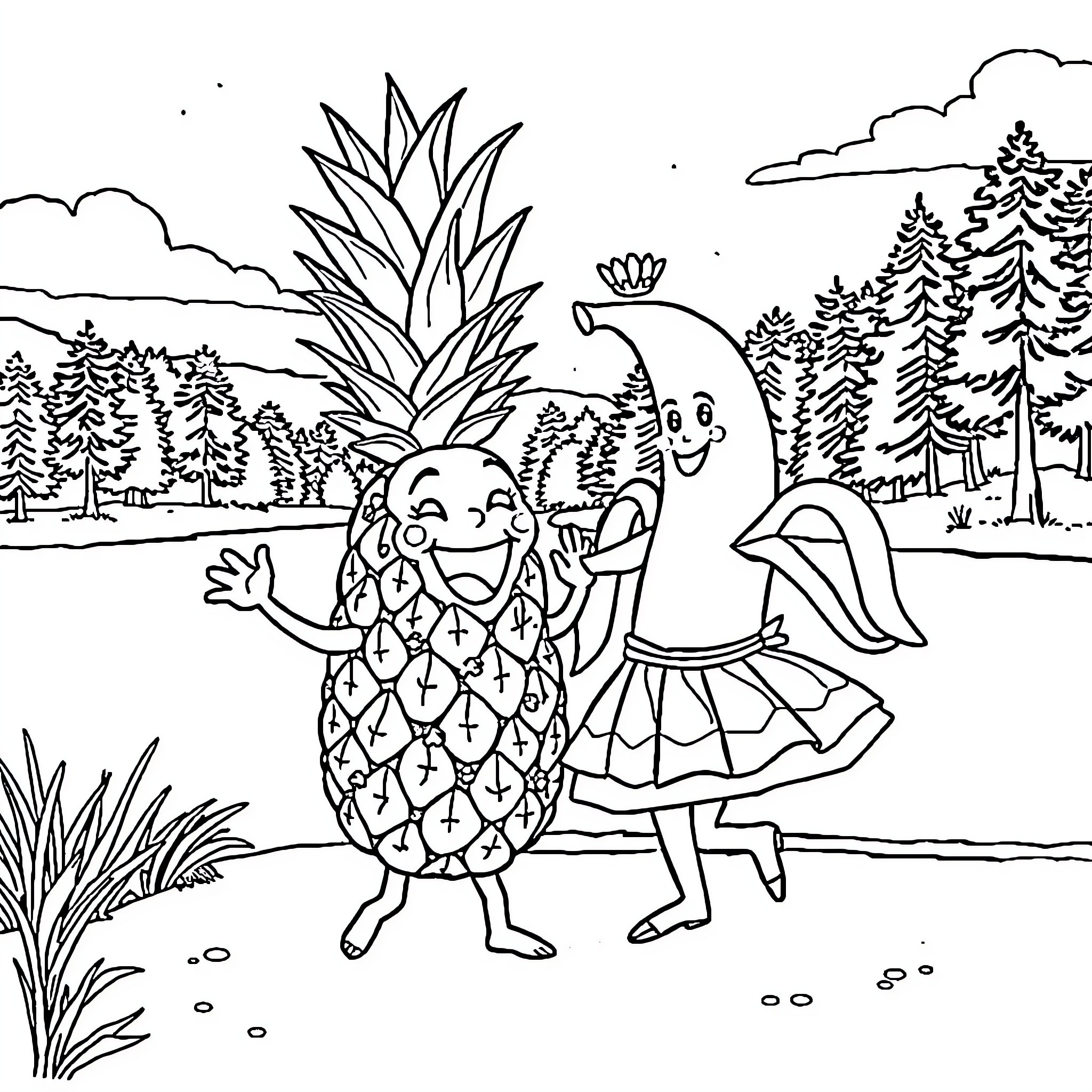Pineapple characters dancing in the forest Coloring Page (free black-and-white line drawing printable PDF for all, from beginners to advanced learners, including children, teens, adults, and seniors)