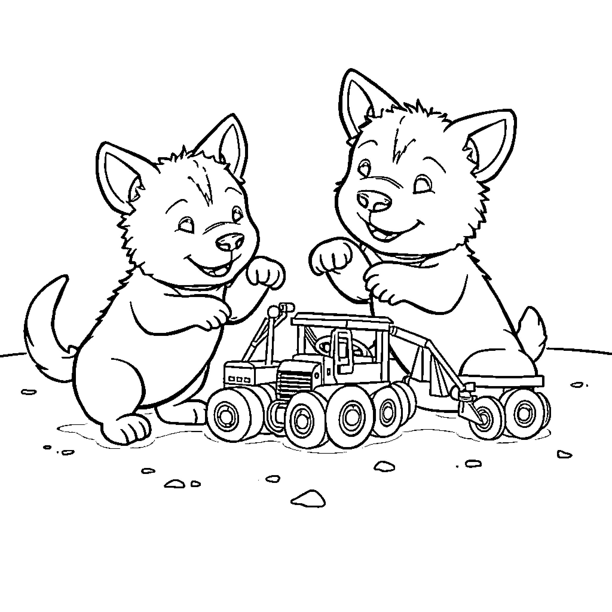 Dog friends playing with toy construction vehicle Coloring Page (free black-and-white line drawing printable PDF for all, from beginners to advanced learners, including children, teens, adults, and seniors)